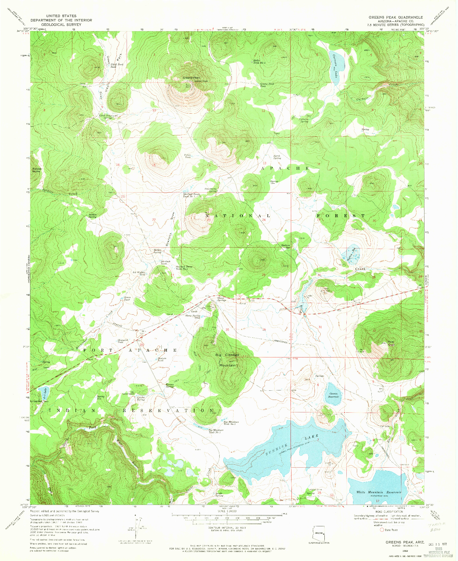 USGS 1:24000-SCALE QUADRANGLE FOR GREENS PEAK, AZ 1969