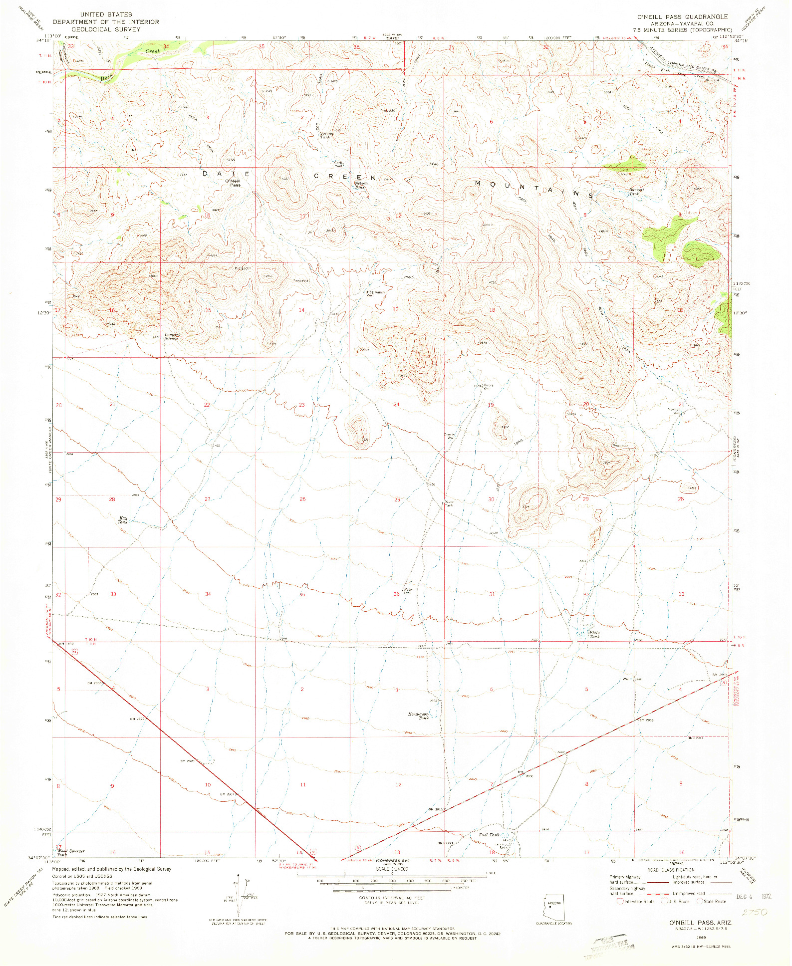 USGS 1:24000-SCALE QUADRANGLE FOR O'NEILL PASS, AZ 1969
