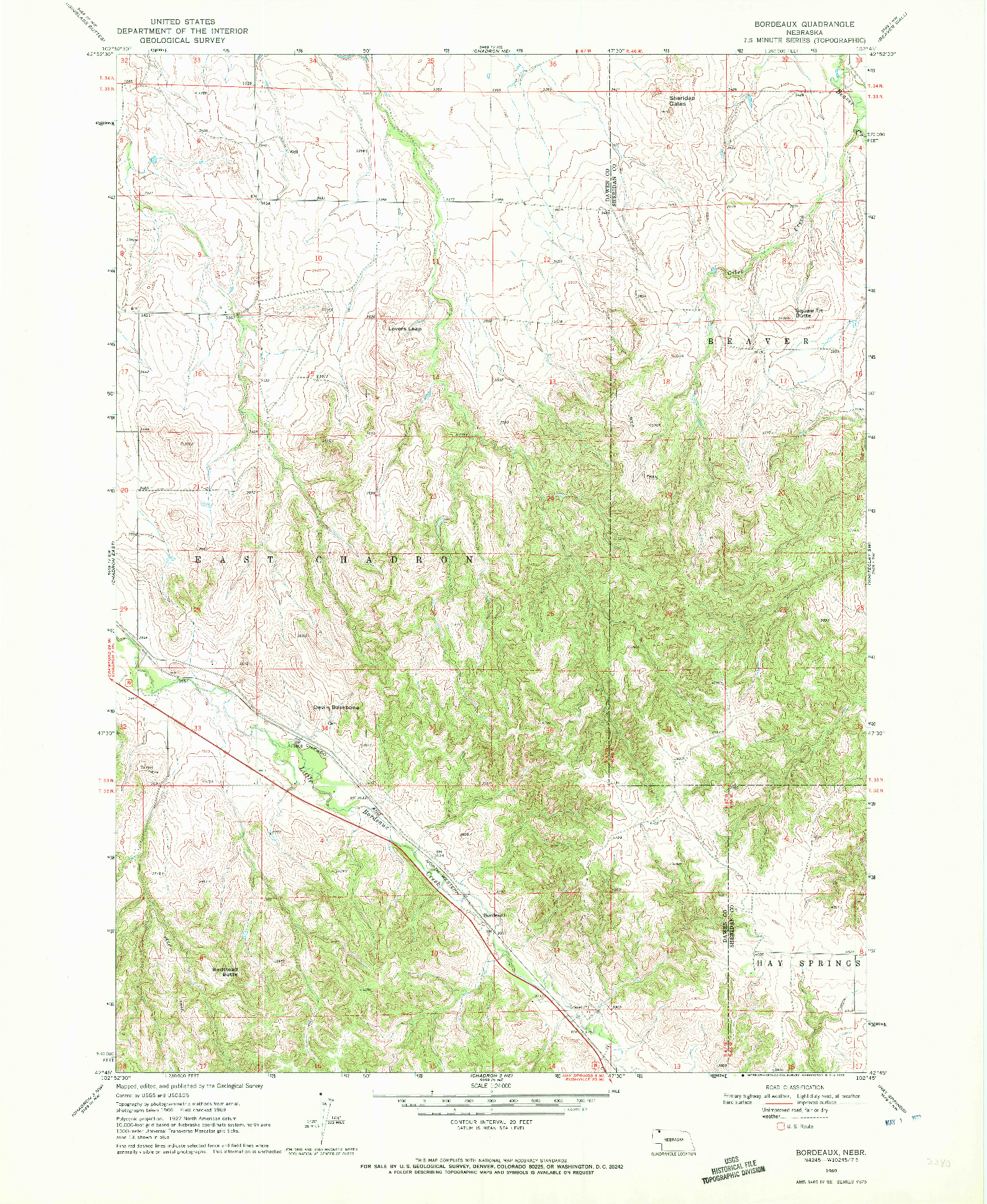 USGS 1:24000-SCALE QUADRANGLE FOR BORDEAUX, NE 1969