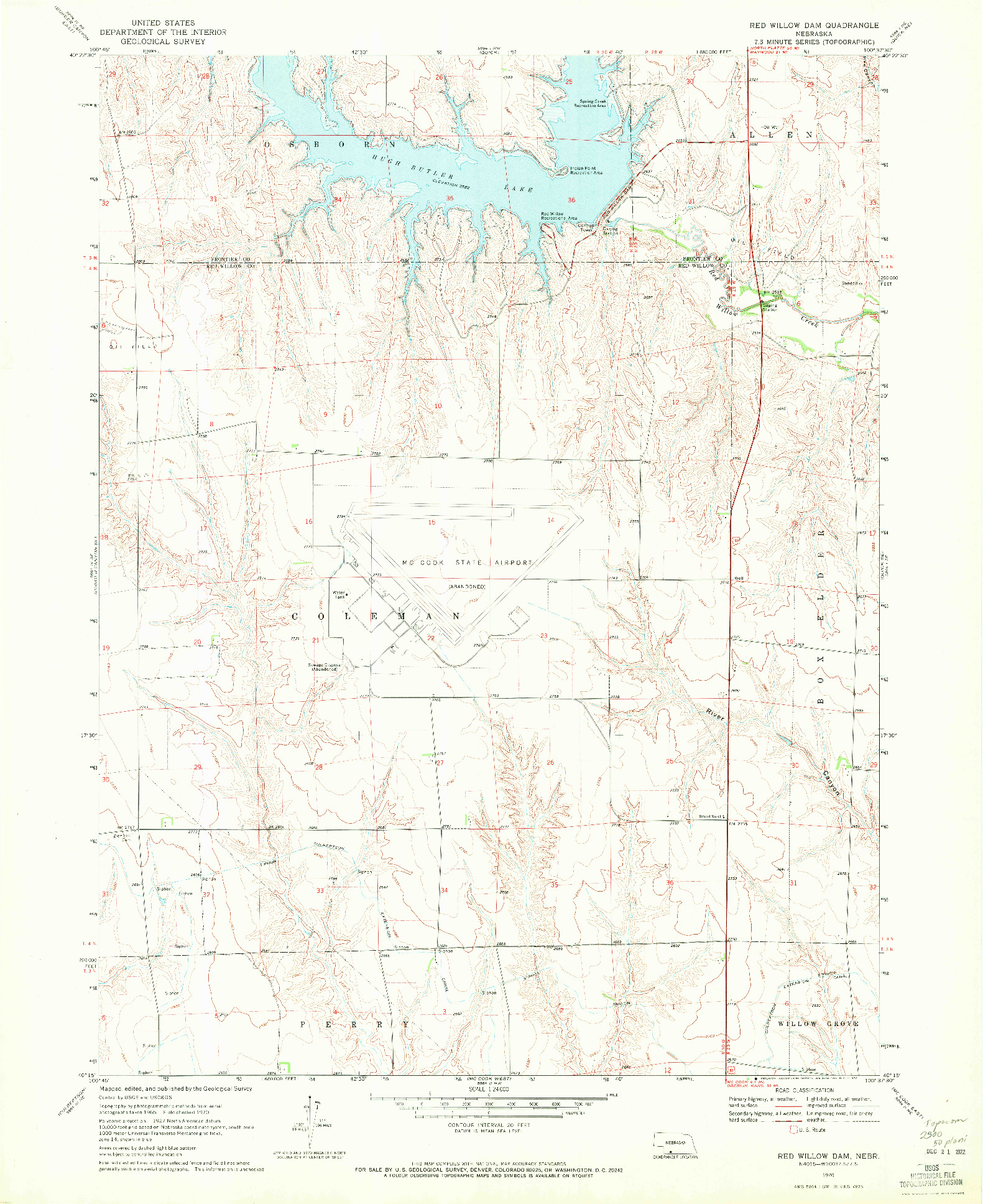 USGS 1:24000-SCALE QUADRANGLE FOR RED WILLOW DAM, NE 1970