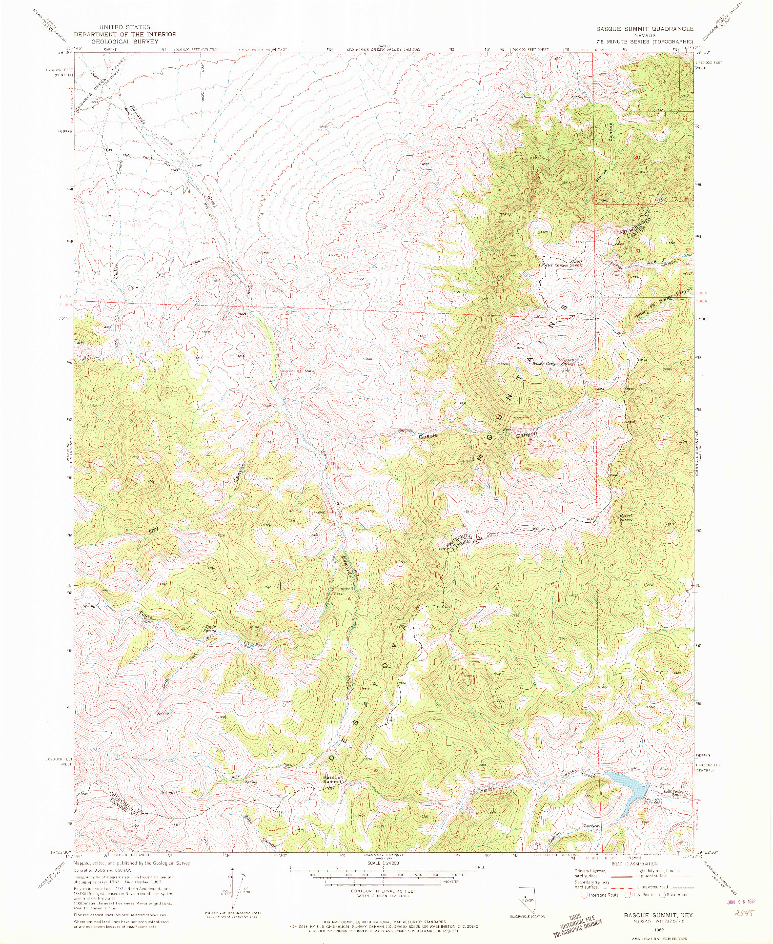 USGS 1:24000-SCALE QUADRANGLE FOR BASQUE SUMMIT, NV 1969