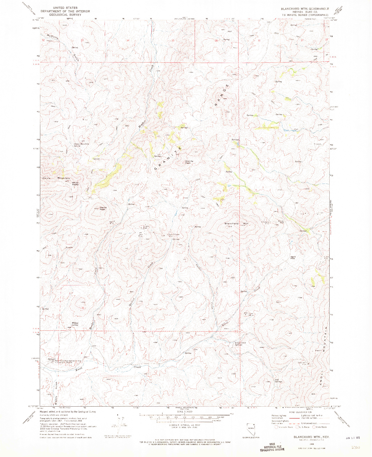 USGS 1:24000-SCALE QUADRANGLE FOR BLANCHARD MTN, NV 1968