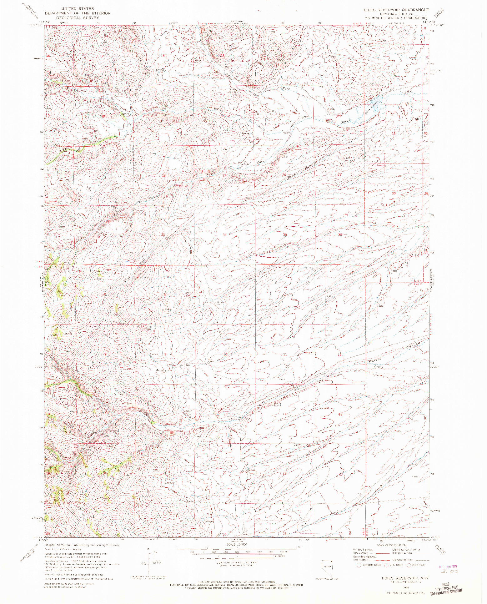 USGS 1:24000-SCALE QUADRANGLE FOR BOIES RESERVOIR, NV 1968