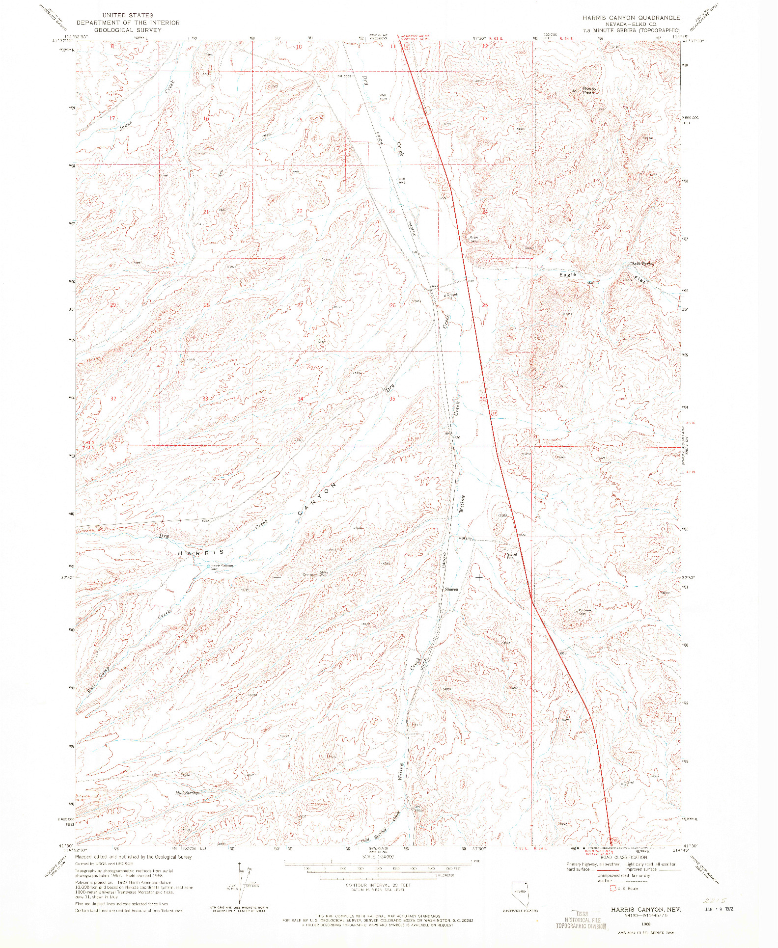 USGS 1:24000-SCALE QUADRANGLE FOR HARRIS CANYON, NV 1968