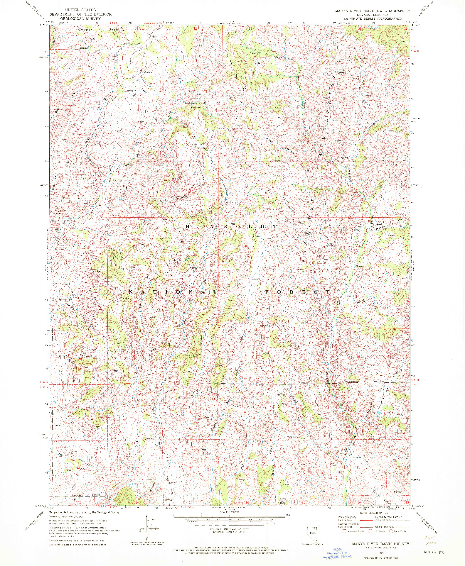 USGS 1:24000-SCALE QUADRANGLE FOR MARYS RIVER BASIN NW, NV 1968