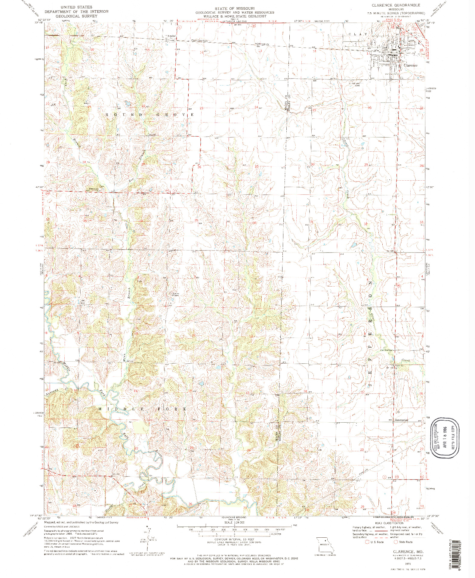 USGS 1:24000-SCALE QUADRANGLE FOR CLARENCE, MO 1971