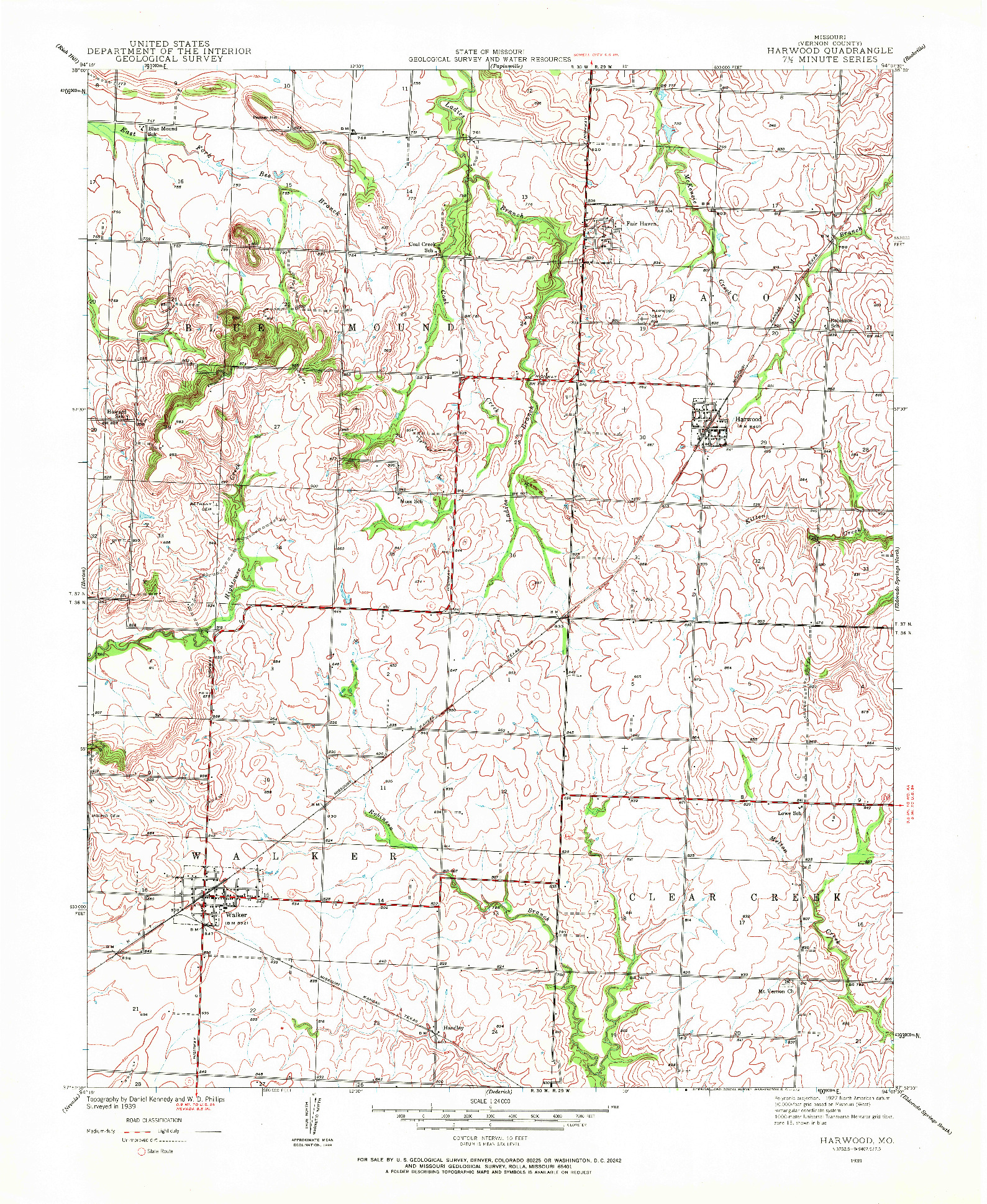 USGS 1:24000-SCALE QUADRANGLE FOR HARWOOD, MO 1939