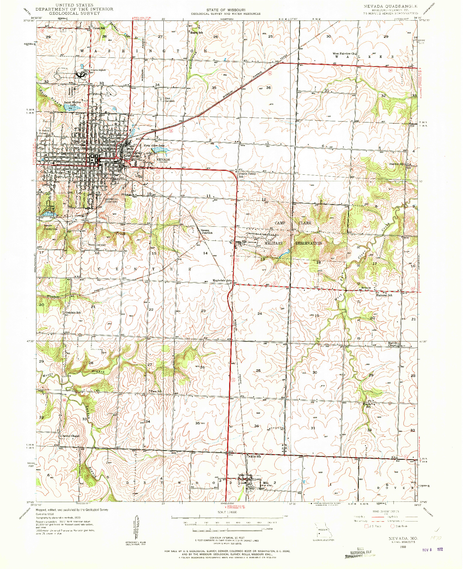 USGS 1:24000-SCALE QUADRANGLE FOR NEVADA, MO 1933