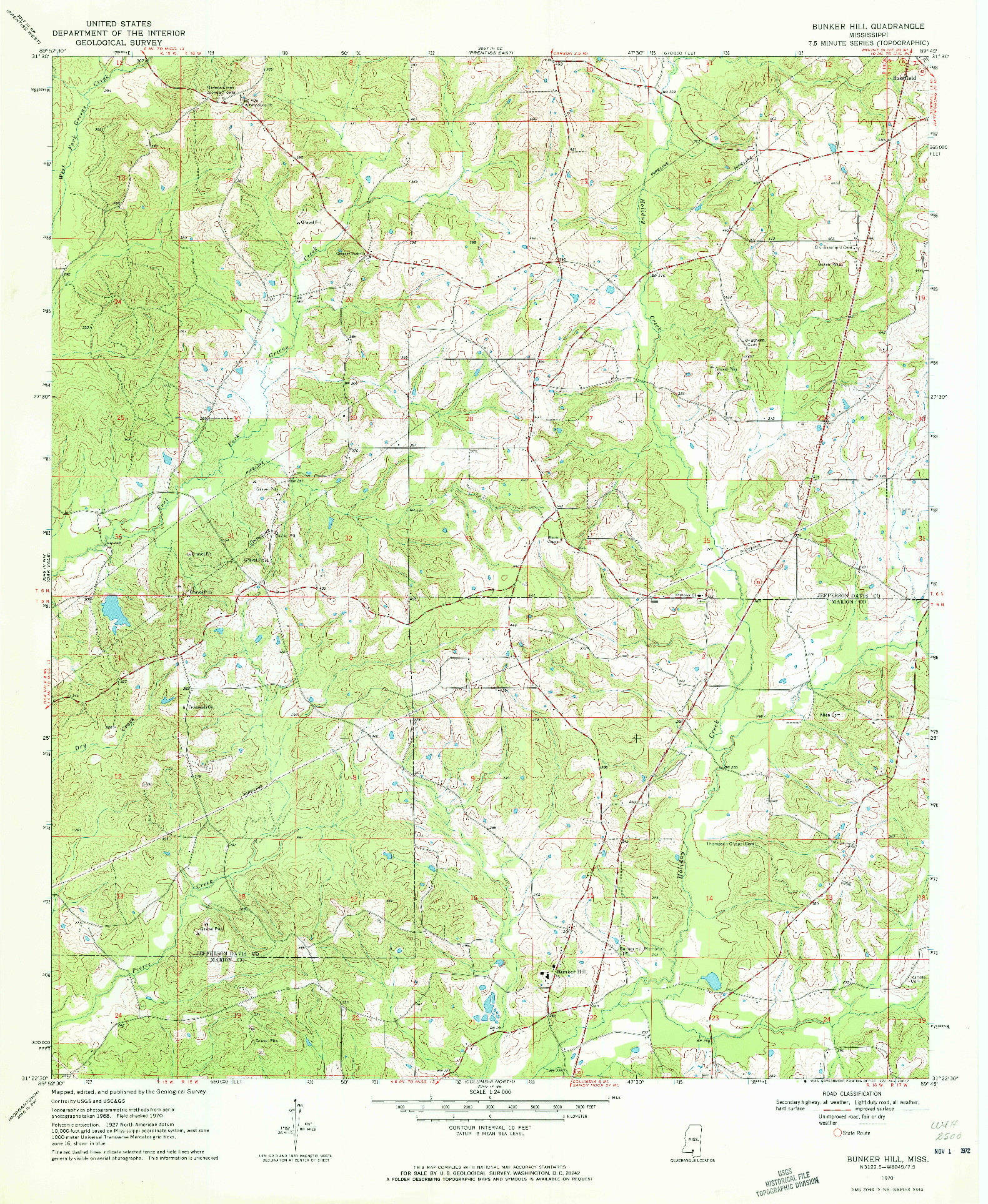 USGS 1:24000-SCALE QUADRANGLE FOR BUNKER HILL, MS 1970