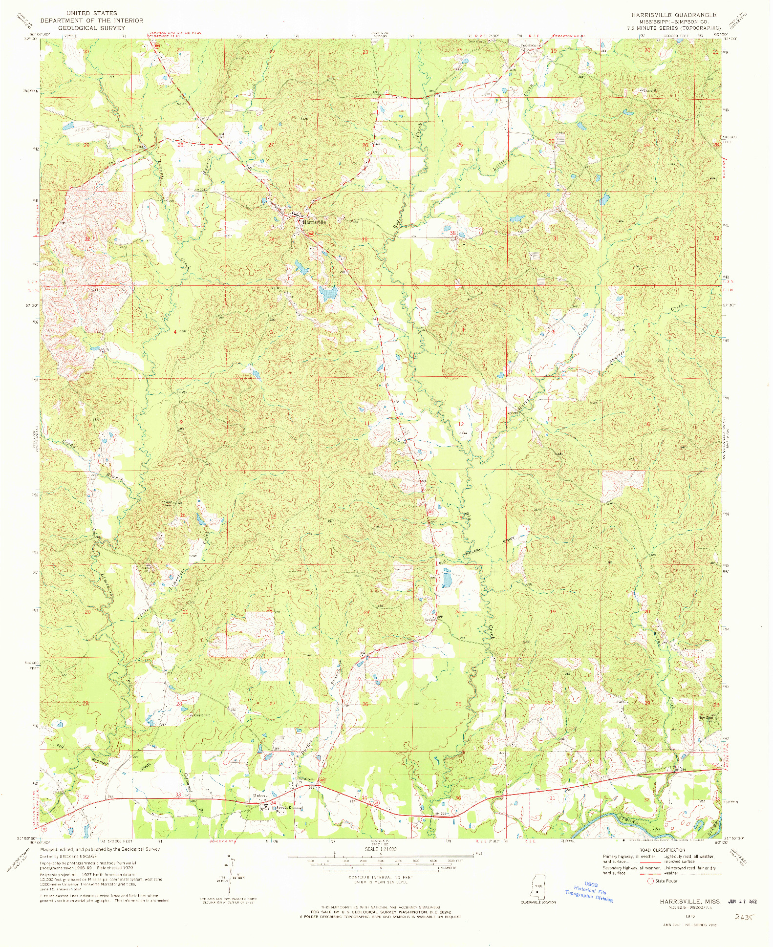 USGS 1:24000-SCALE QUADRANGLE FOR HARRISVILLE, MS 1970