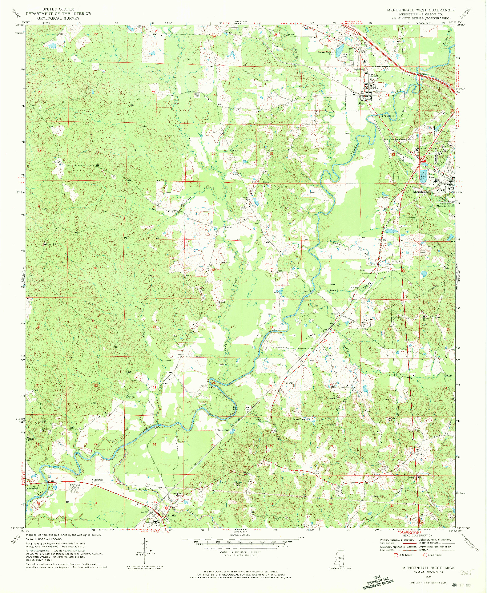 USGS 1:24000-SCALE QUADRANGLE FOR MENDENHALL WEST, MS 1970