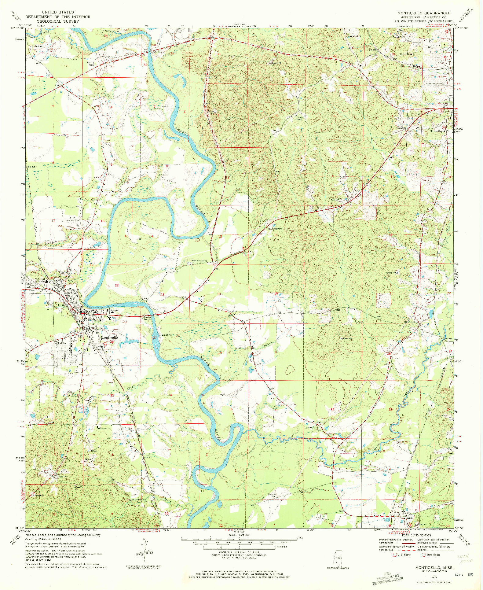 USGS 1:24000-SCALE QUADRANGLE FOR MONTICELLO, MS 1970
