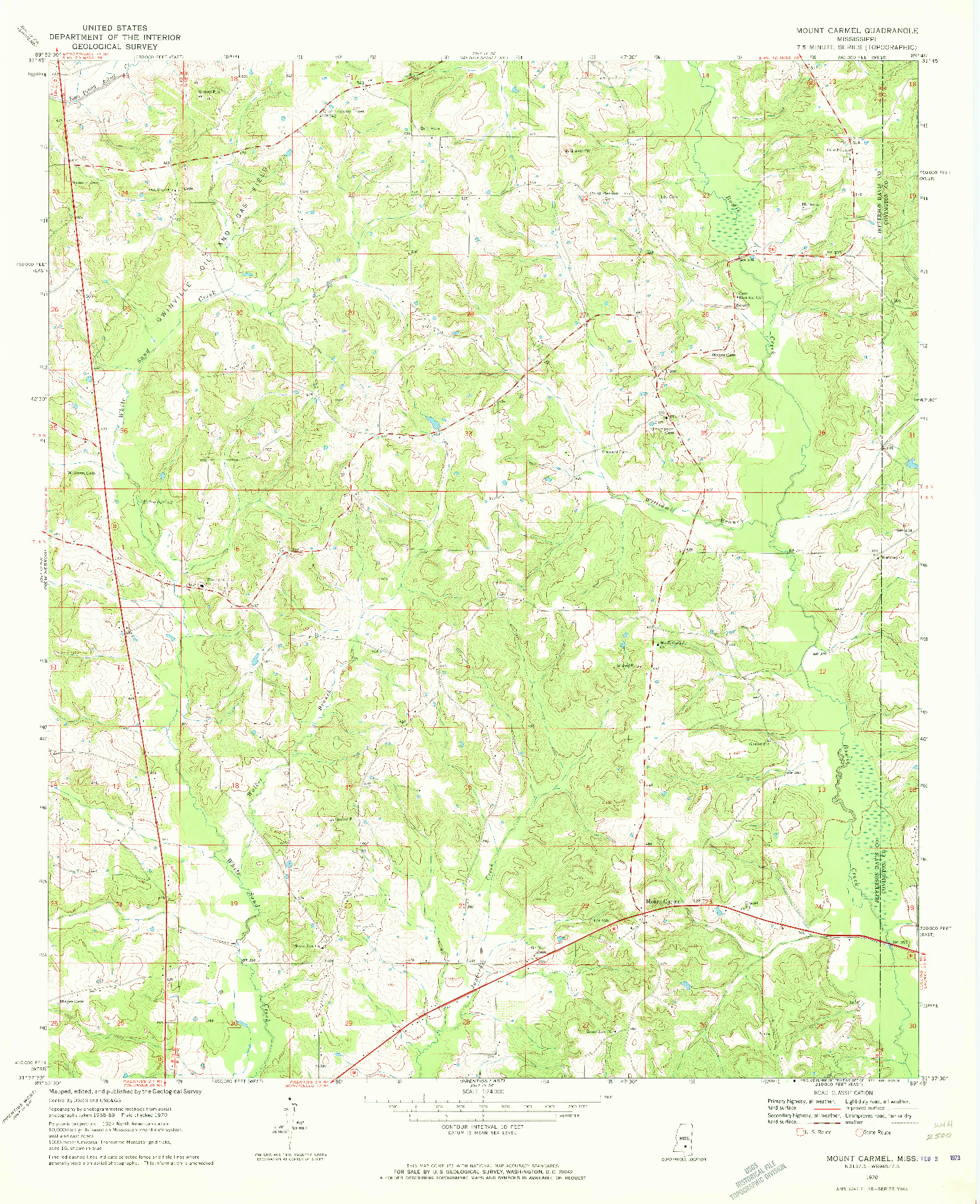 USGS 1:24000-SCALE QUADRANGLE FOR MOUNT CARMEL, MS 1970