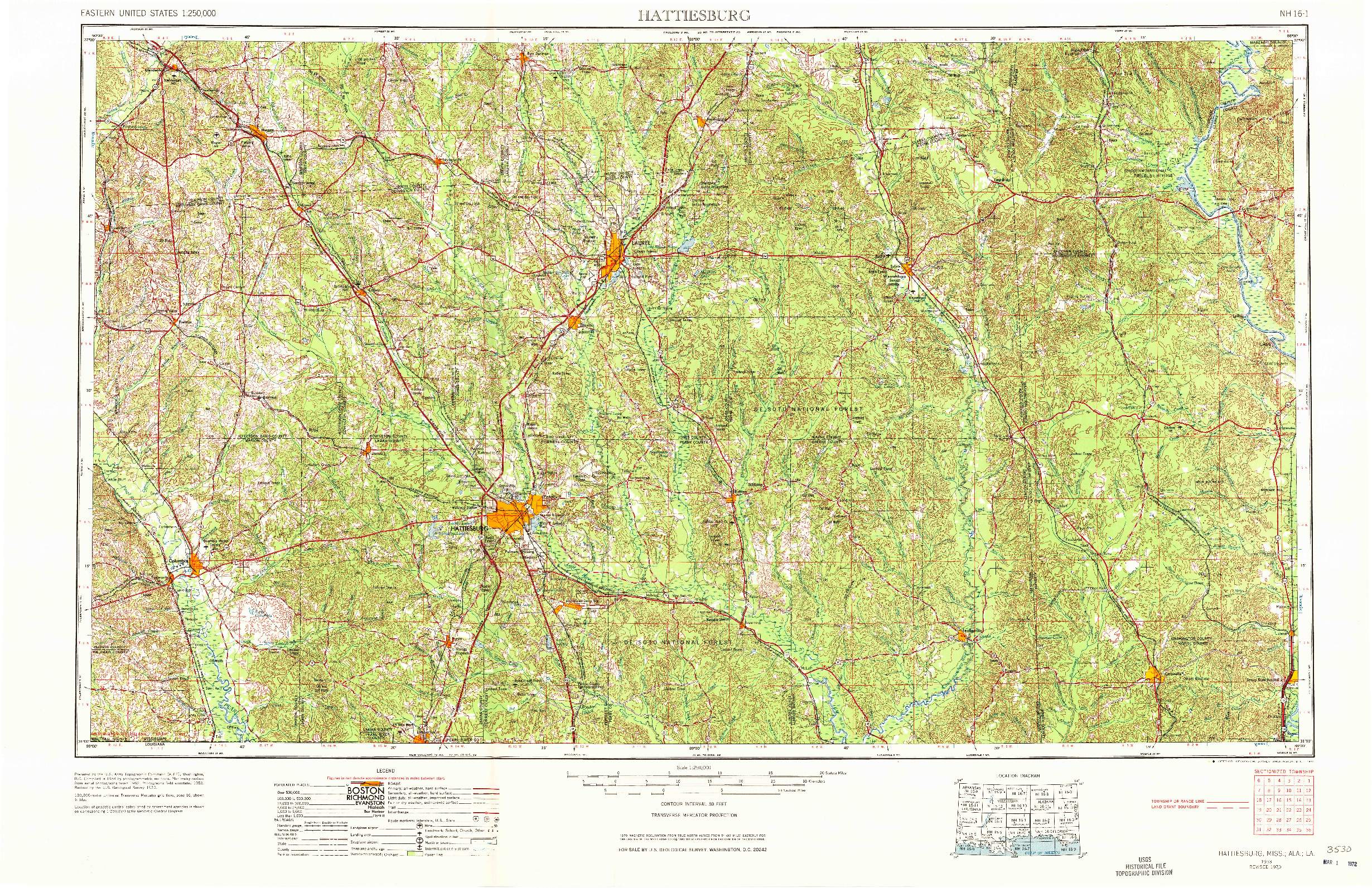 USGS 1:250000-SCALE QUADRANGLE FOR HATTIESBURG, MS 1953