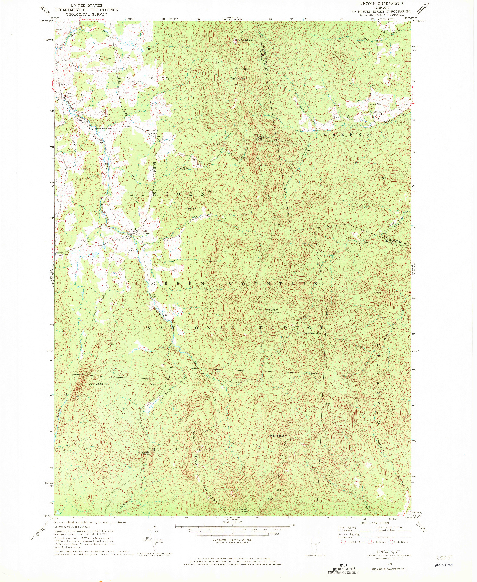 USGS 1:24000-SCALE QUADRANGLE FOR LINCOLN, VT 1970