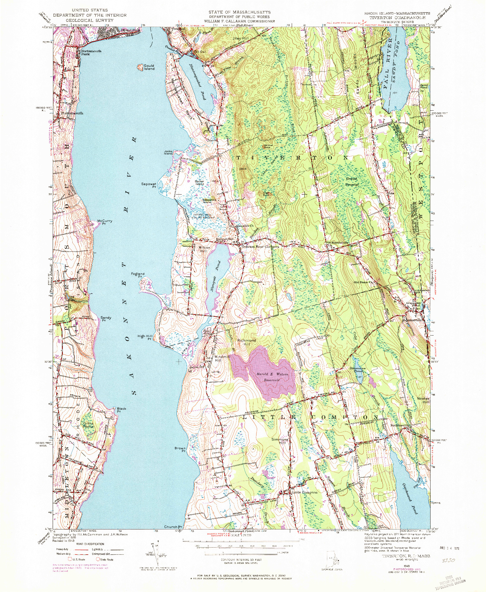 USGS 1:24000-SCALE QUADRANGLE FOR TIVERTON, RI 1949