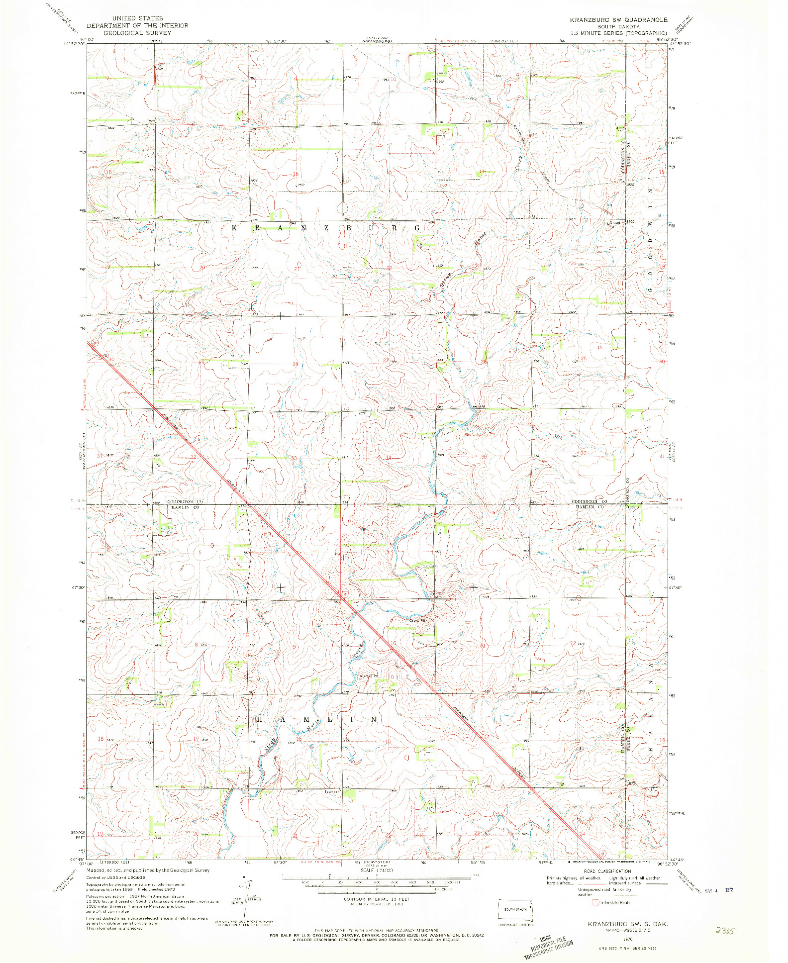 USGS 1:24000-SCALE QUADRANGLE FOR KRANZBURG SW, SD 1970
