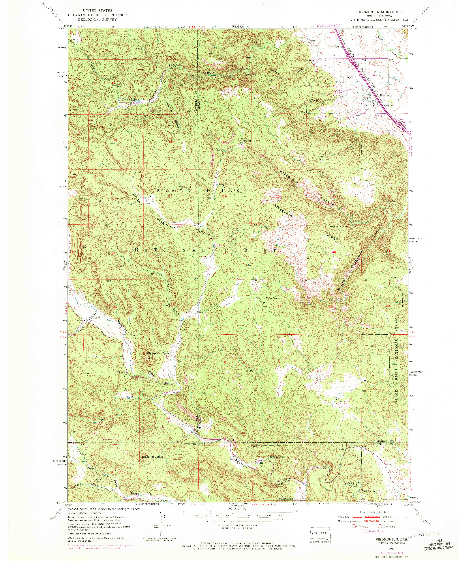 USGS 1:24000-SCALE QUADRANGLE FOR PIEDMONT, SD 1953