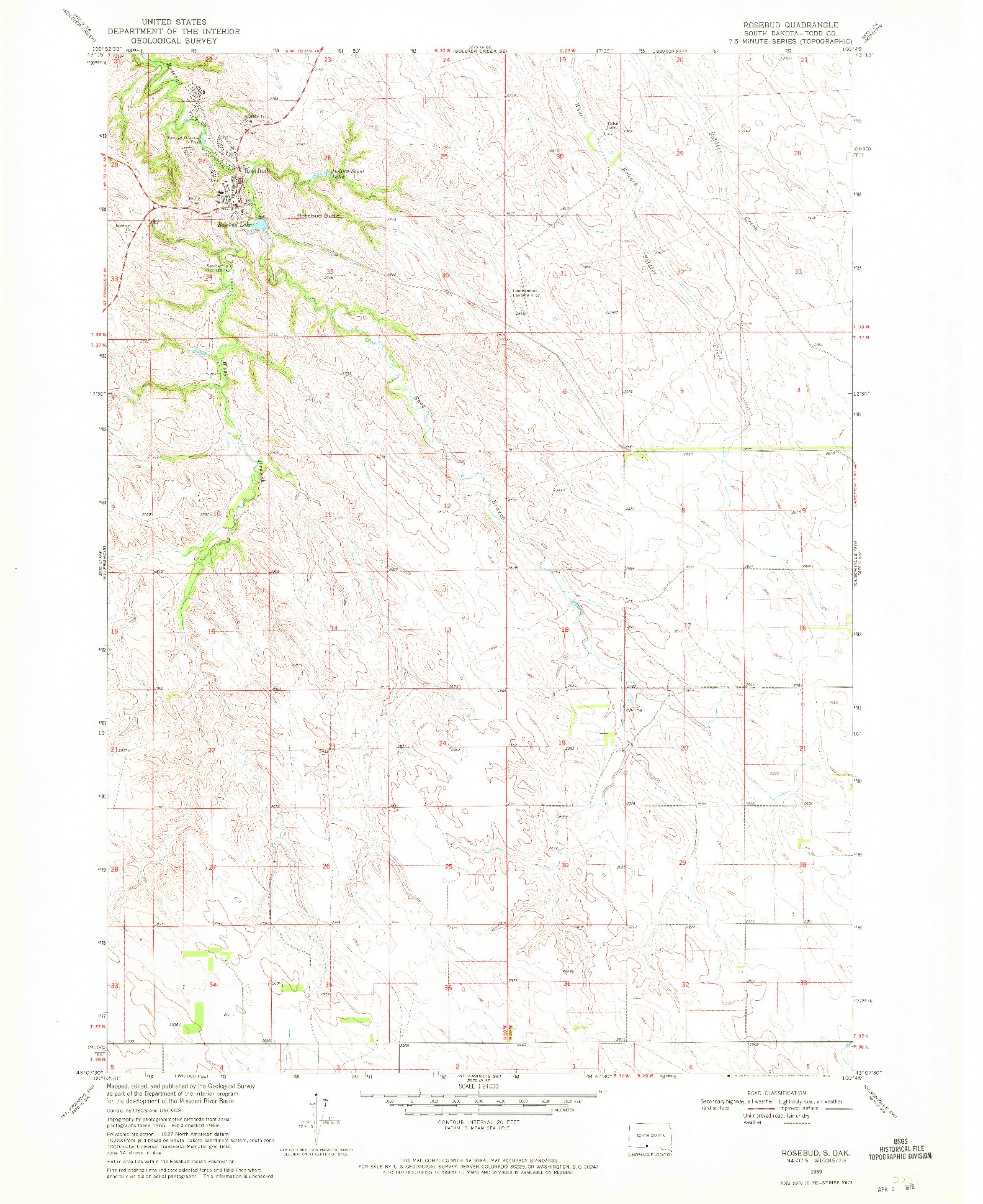 USGS 1:24000-SCALE QUADRANGLE FOR ROSEBUD, SD 1969