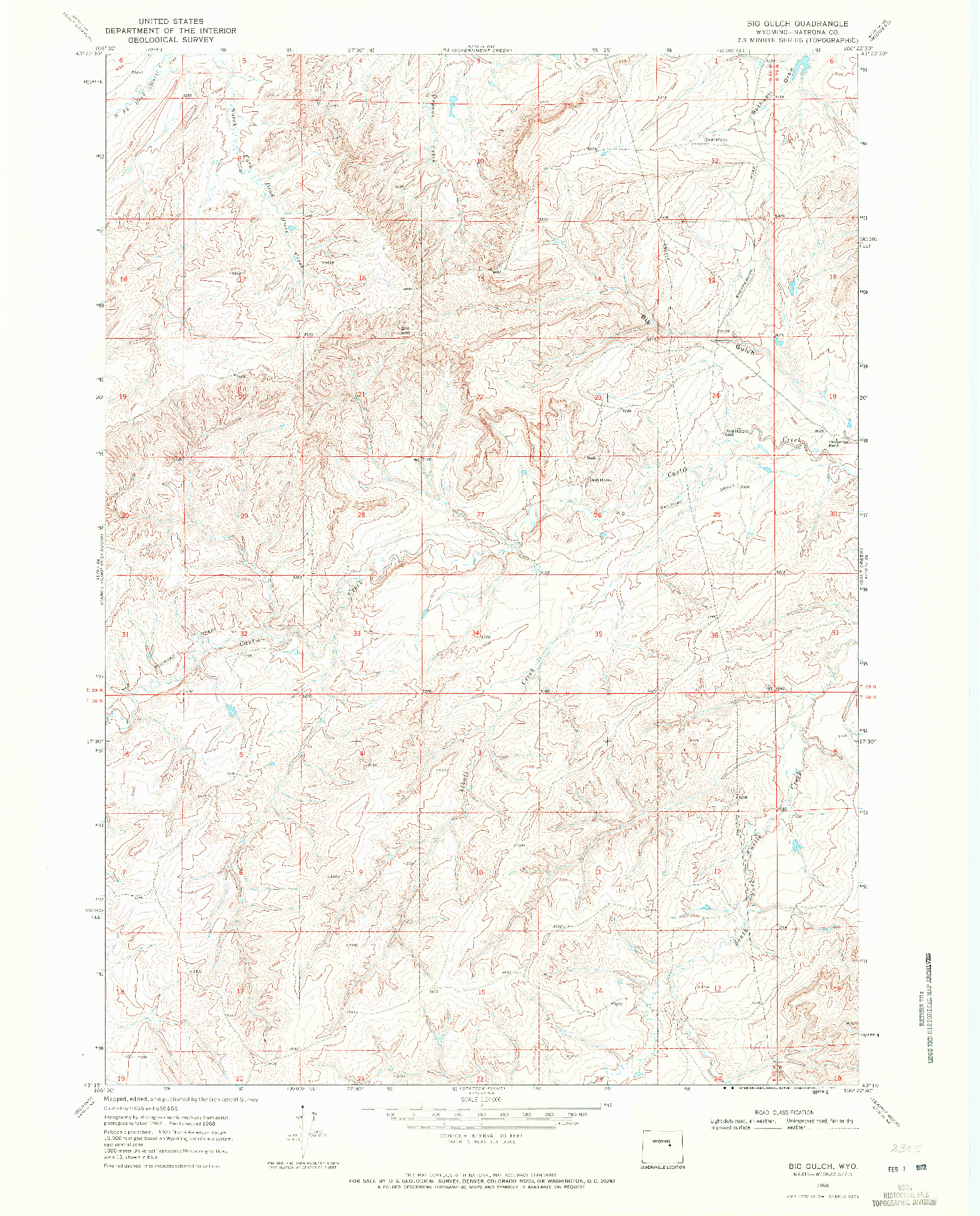 USGS 1:24000-SCALE QUADRANGLE FOR BIG GULCH, WY 1968