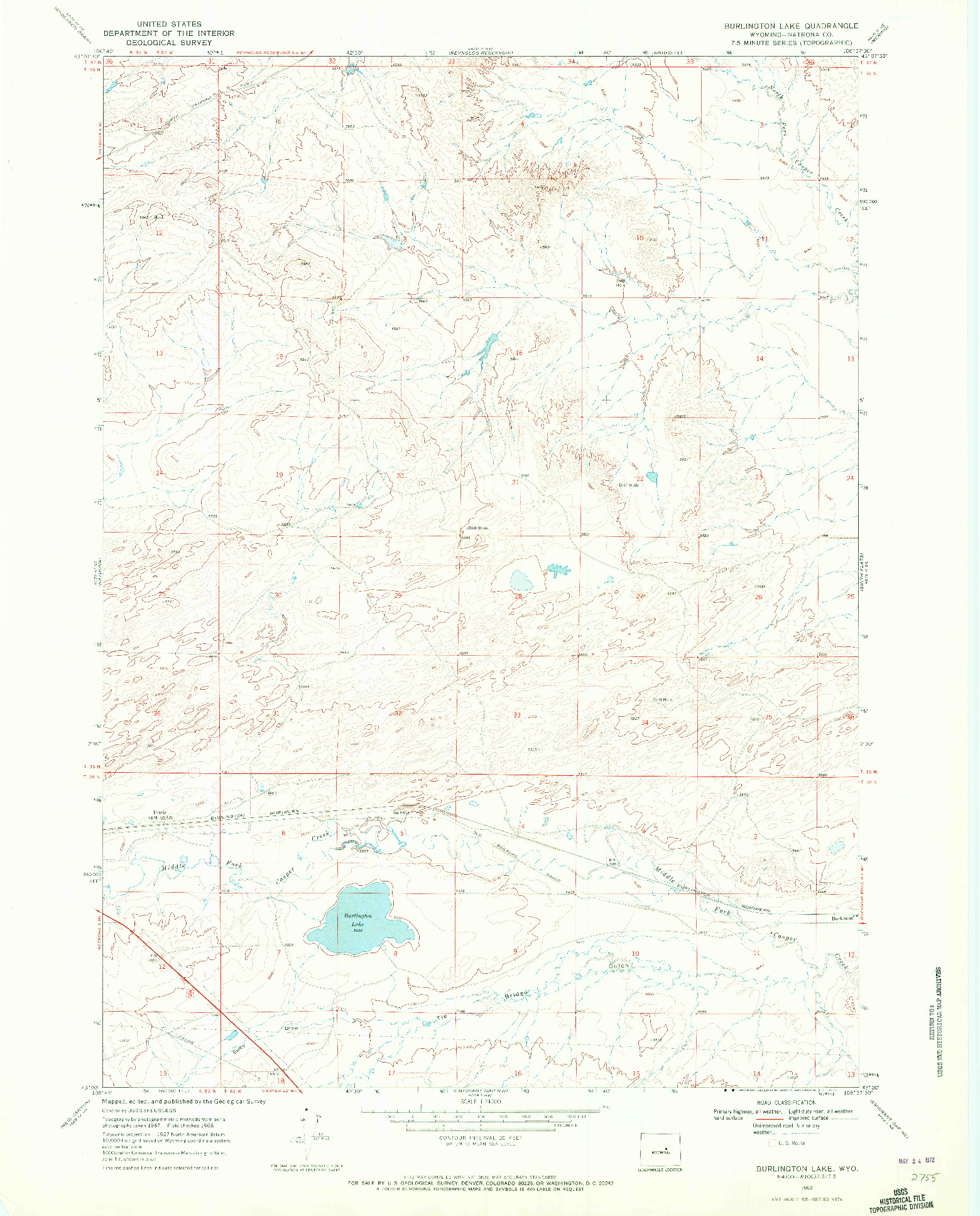 USGS 1:24000-SCALE QUADRANGLE FOR BURLINGTON LAKE, WY 1968