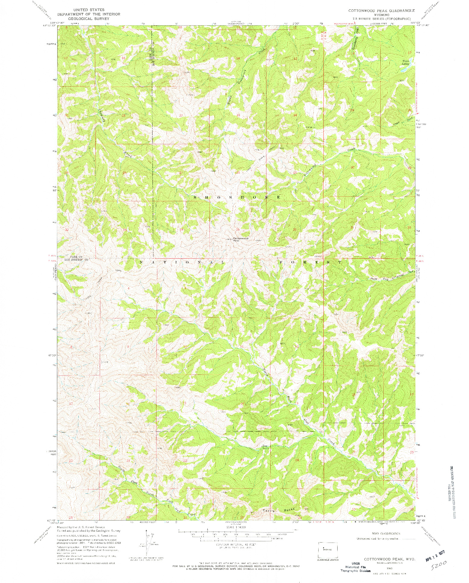 USGS 1:24000-SCALE QUADRANGLE FOR COTTONWOOD PEAK, WY 1969