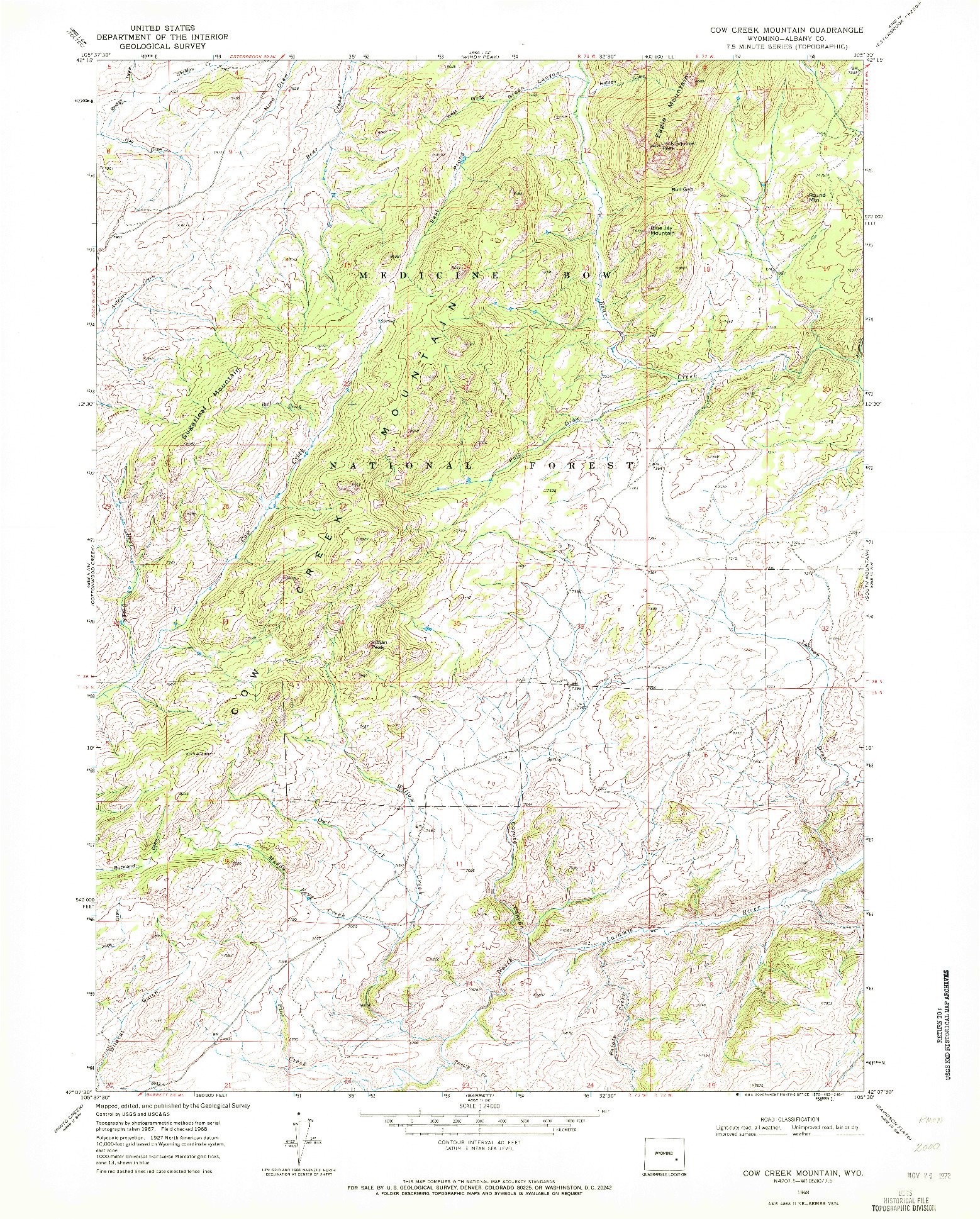 USGS 1:24000-SCALE QUADRANGLE FOR COW CREEK MOUNTAIN, WY 1968