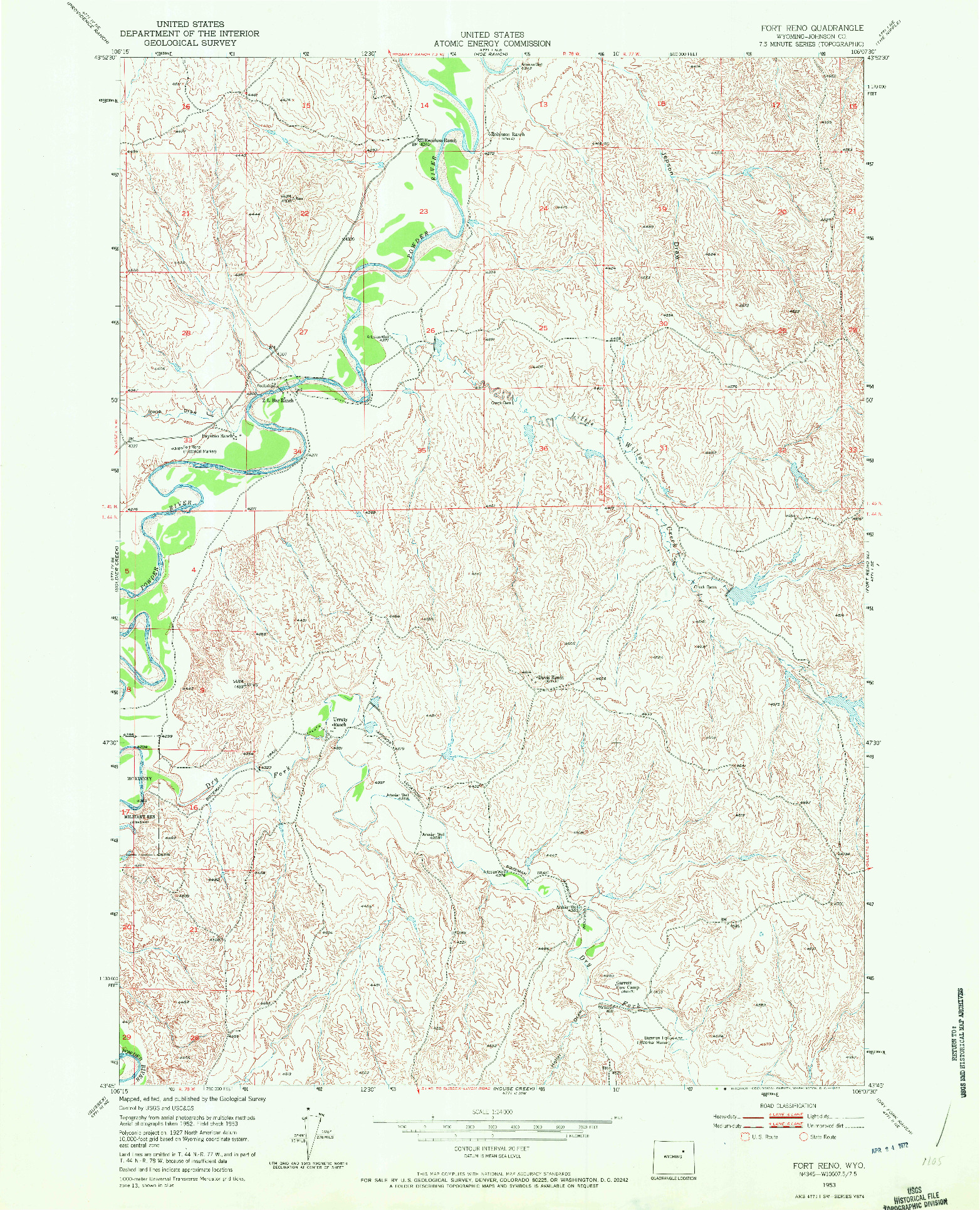 USGS 1:24000-SCALE QUADRANGLE FOR FORT RENO, WY 1953