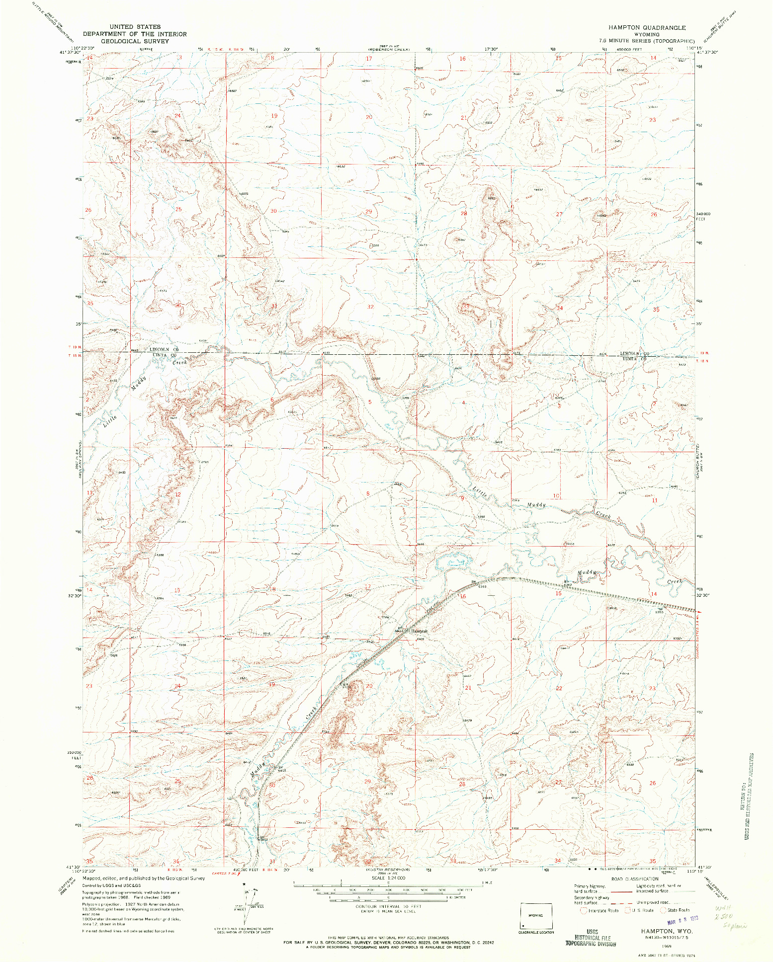 USGS 1:24000-SCALE QUADRANGLE FOR HAMPTON, WY 1969