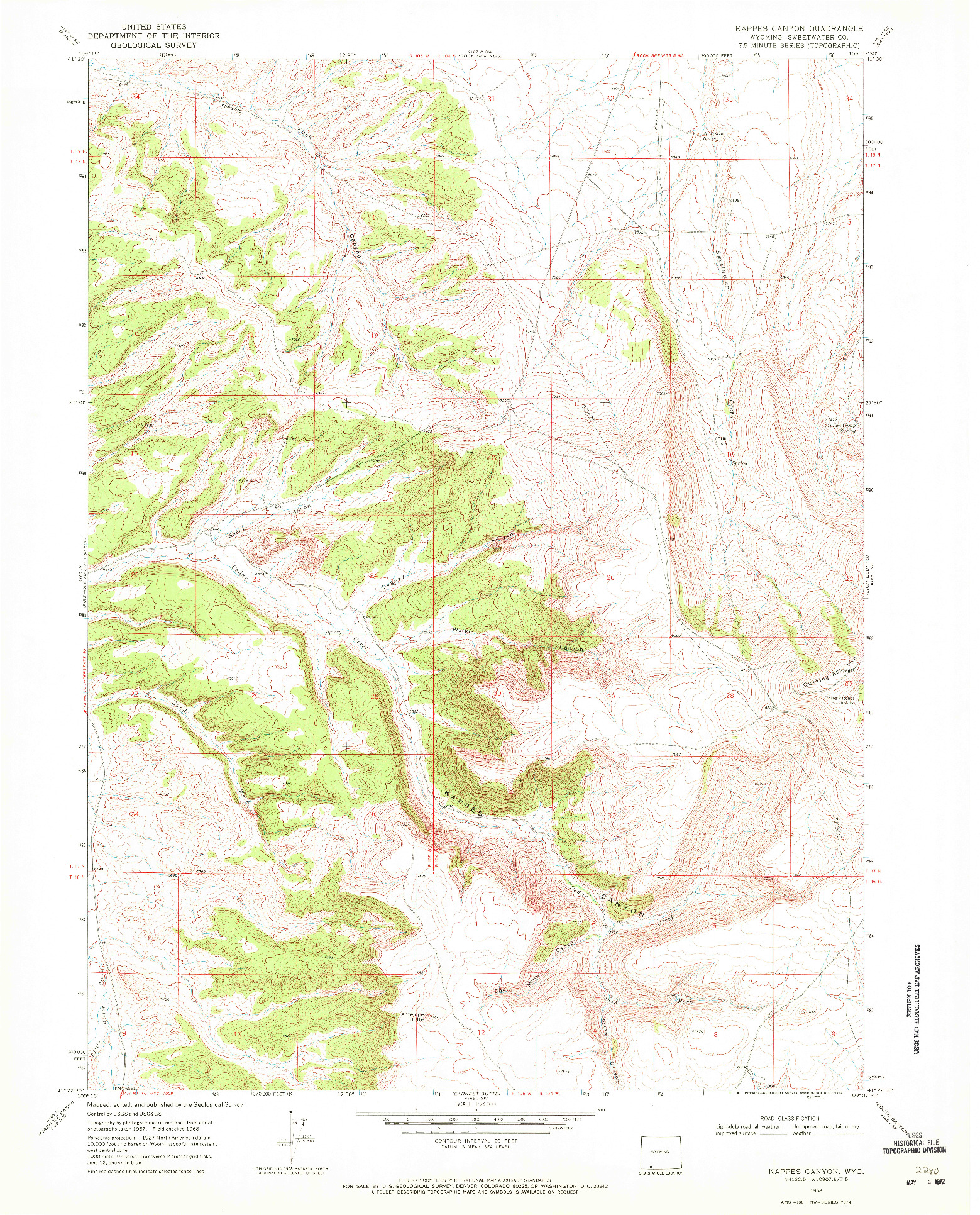 USGS 1:24000-SCALE QUADRANGLE FOR KAPPES CANYON, WY 1968