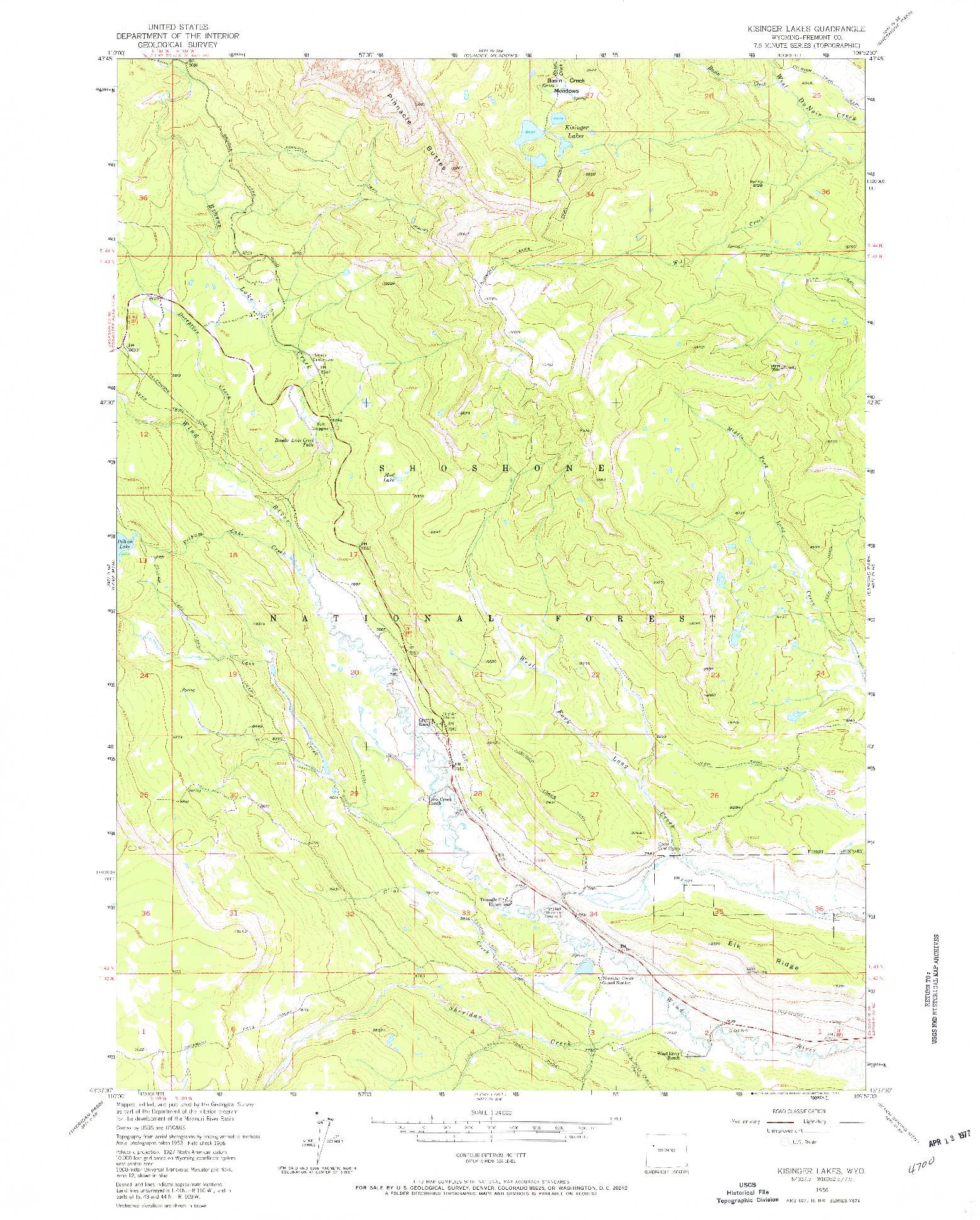 USGS 1:24000-SCALE QUADRANGLE FOR KISINGER LAKES, WY 1956