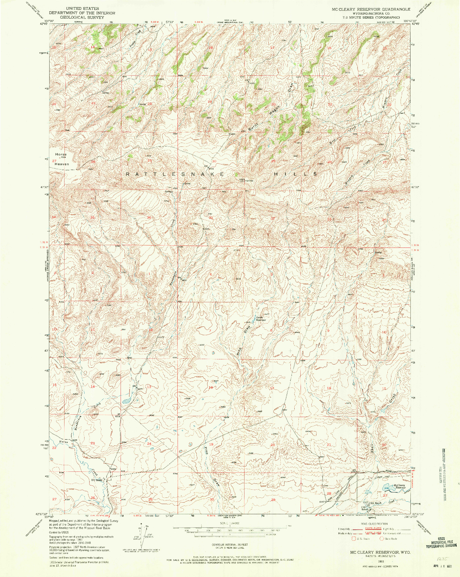 USGS 1:24000-SCALE QUADRANGLE FOR MC CLEARY RESERVOIR, WY 1951