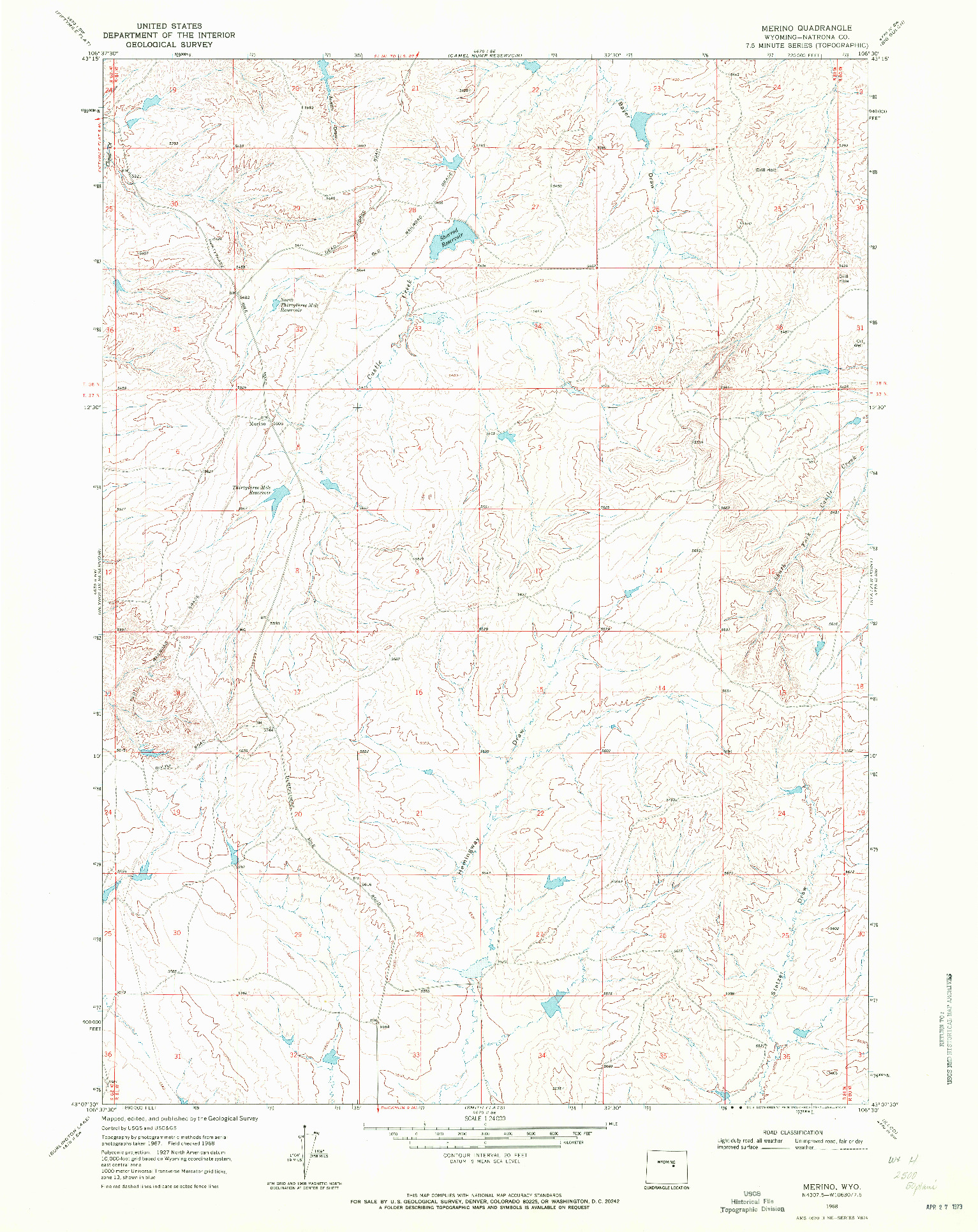 USGS 1:24000-SCALE QUADRANGLE FOR MERINO, WY 1968