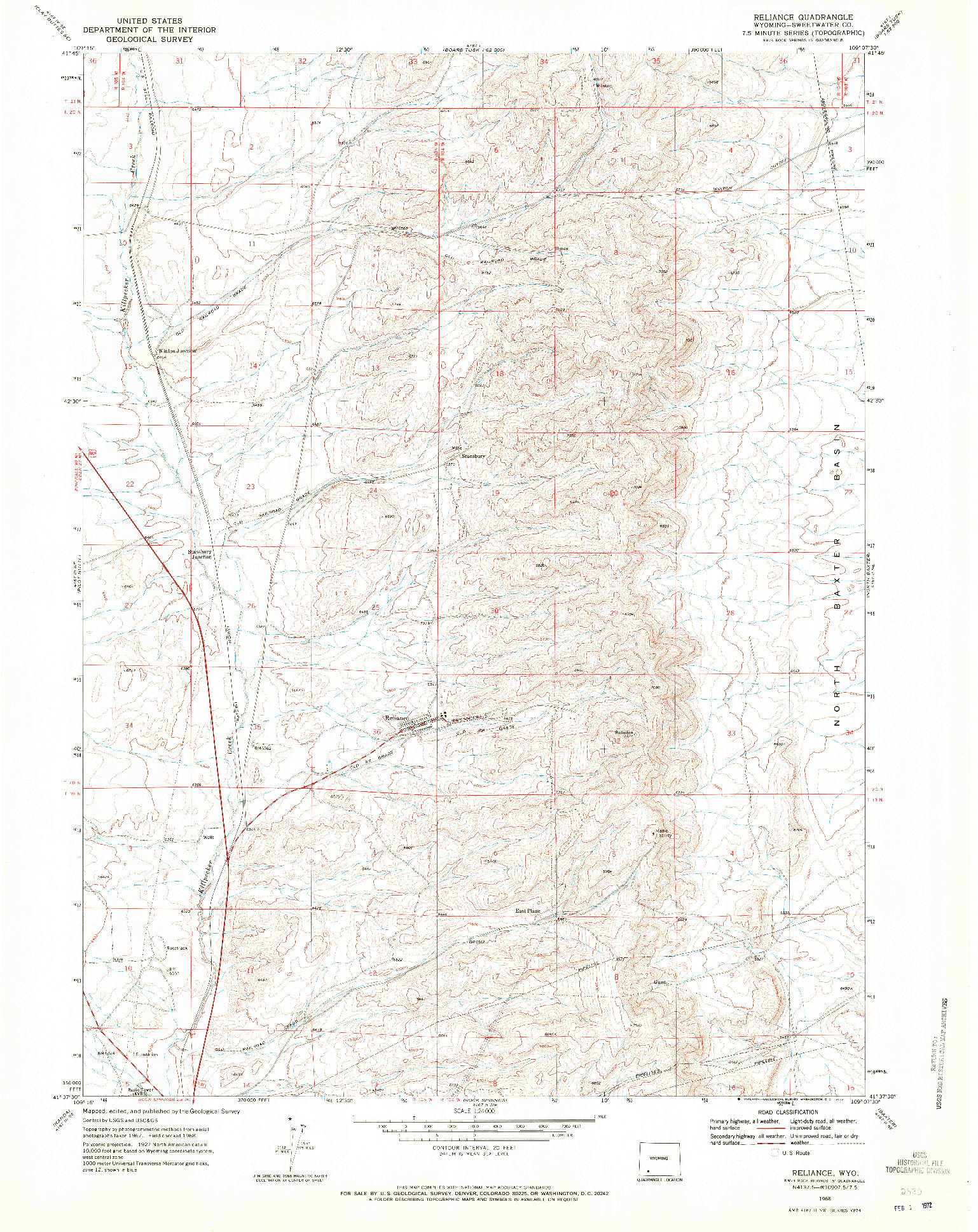 USGS 1:24000-SCALE QUADRANGLE FOR RELIANCE, WY 1968