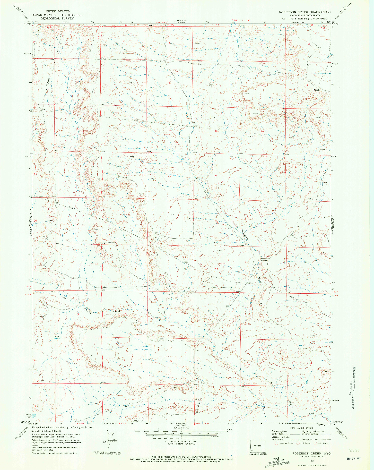 USGS 1:24000-SCALE QUADRANGLE FOR ROBERSON CREEK, WY 1969