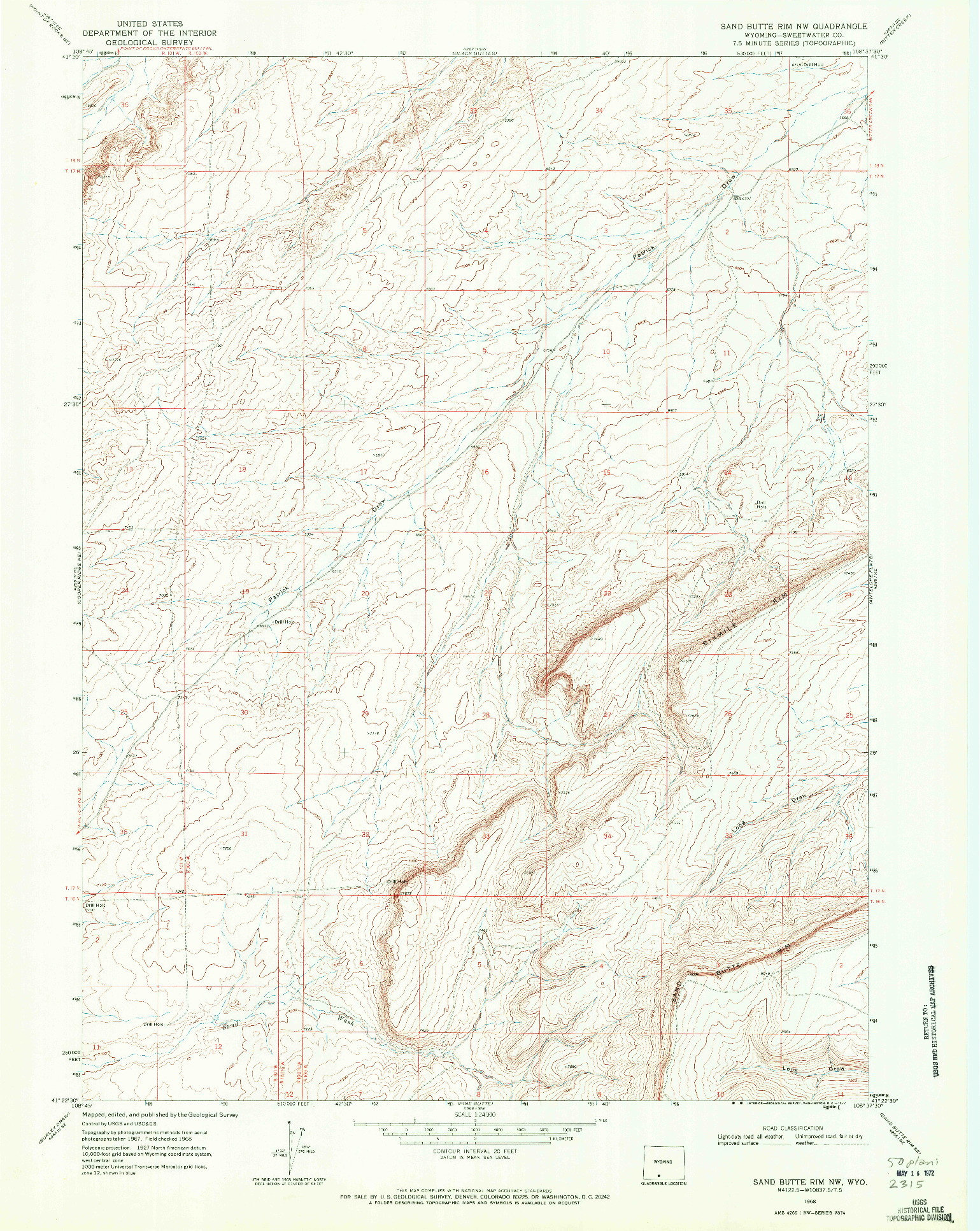 USGS 1:24000-SCALE QUADRANGLE FOR SAND BUTTE RIM NW, WY 1968