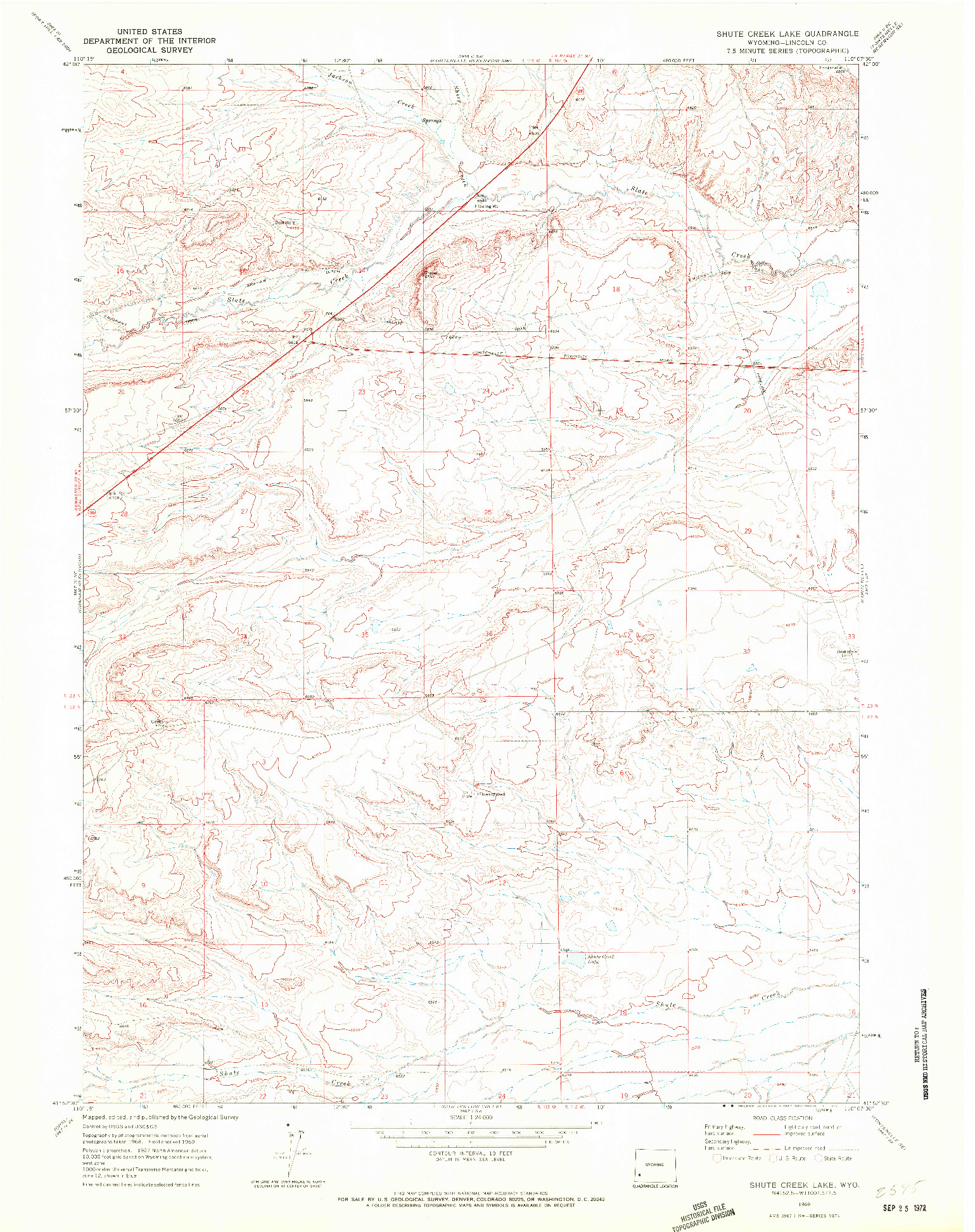 USGS 1:24000-SCALE QUADRANGLE FOR SHUTE CREEK LAKE, WY 1969