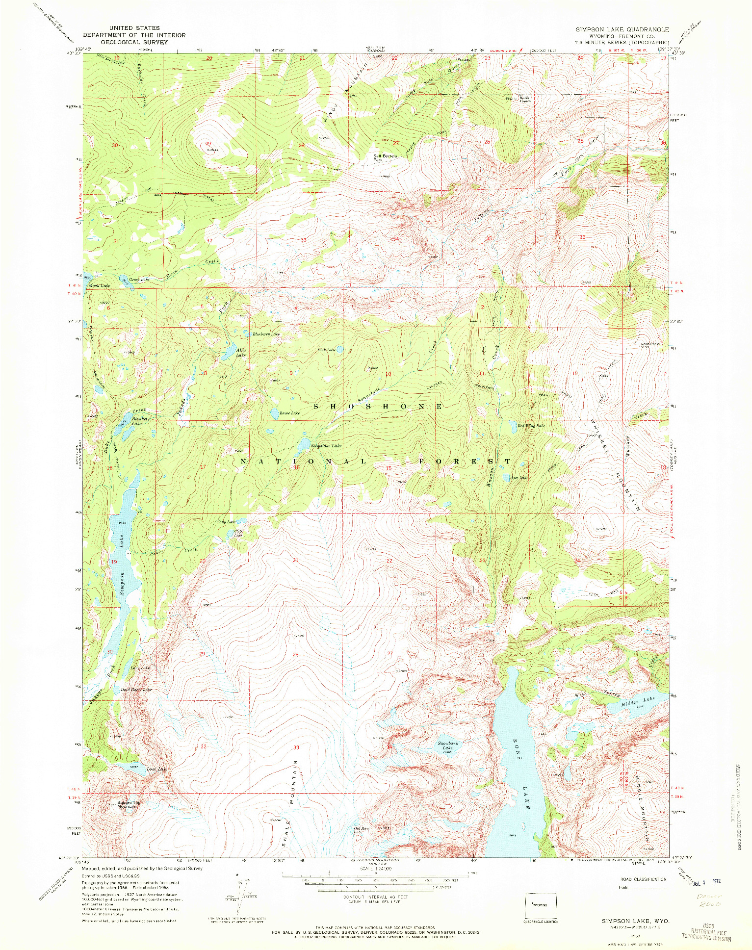 USGS 1:24000-SCALE QUADRANGLE FOR SIMPSON LAKE, WY 1968