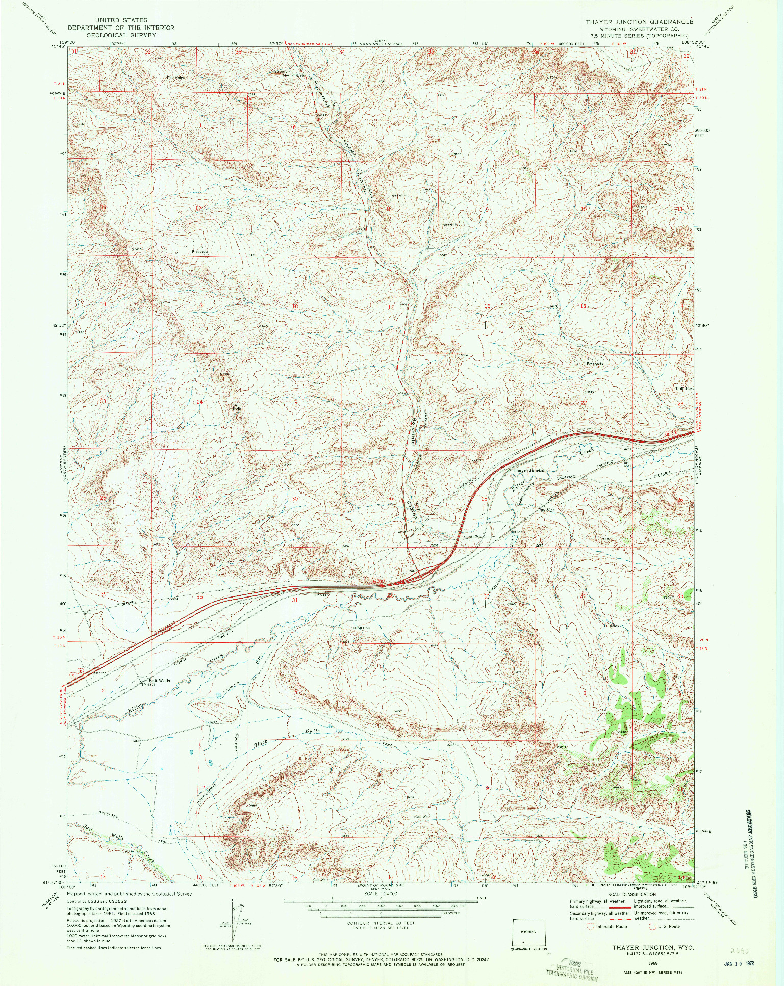 USGS 1:24000-SCALE QUADRANGLE FOR THAYER JUNCTION, WY 1968