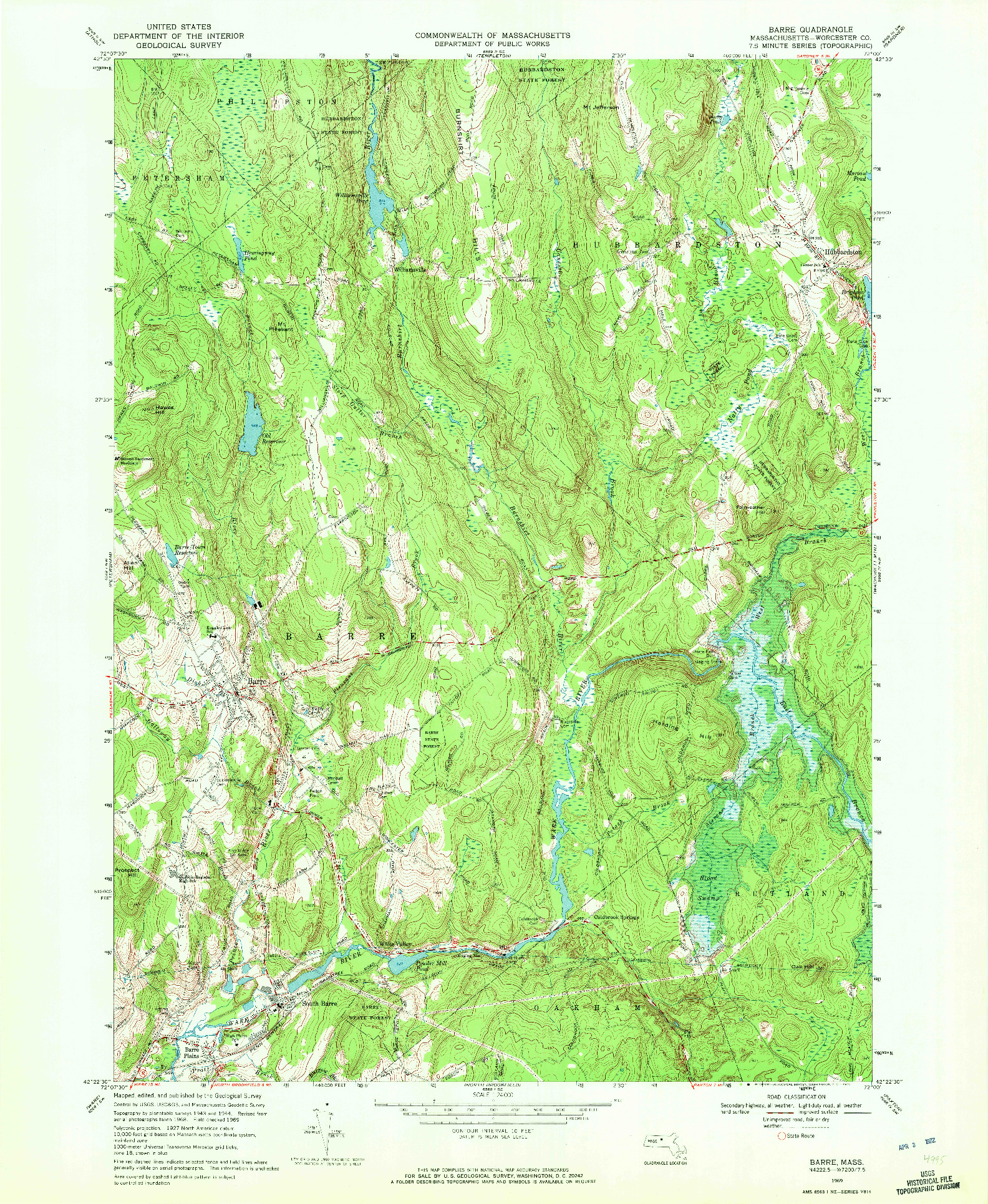 USGS 1:24000-SCALE QUADRANGLE FOR BARRE, MA 1969