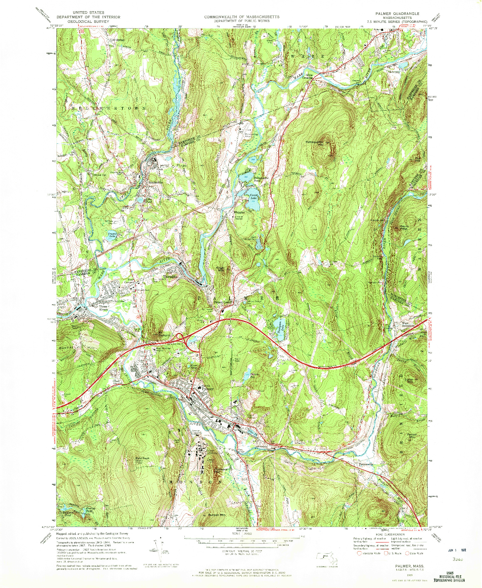 USGS 1:24000-SCALE QUADRANGLE FOR PALMER, MA 1969