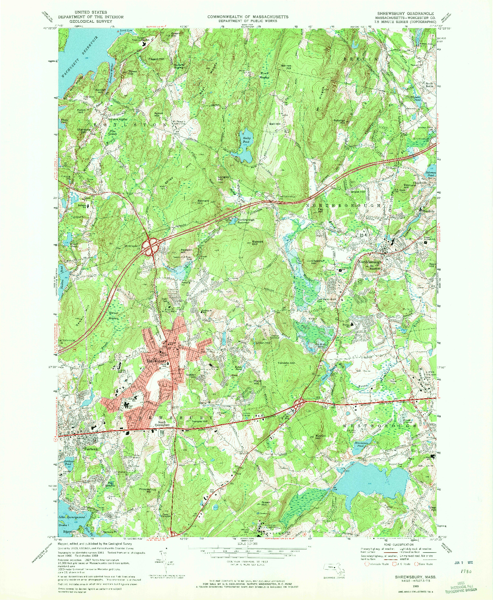 USGS 1:24000-SCALE QUADRANGLE FOR SHREWSBURY, MA 1969