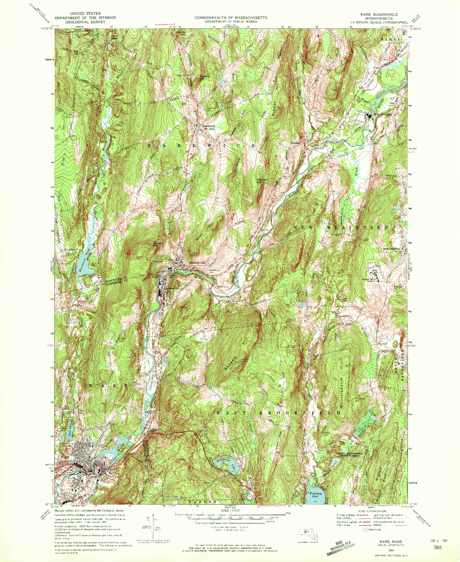 USGS 1:24000-SCALE QUADRANGLE FOR WARE, MA 1969