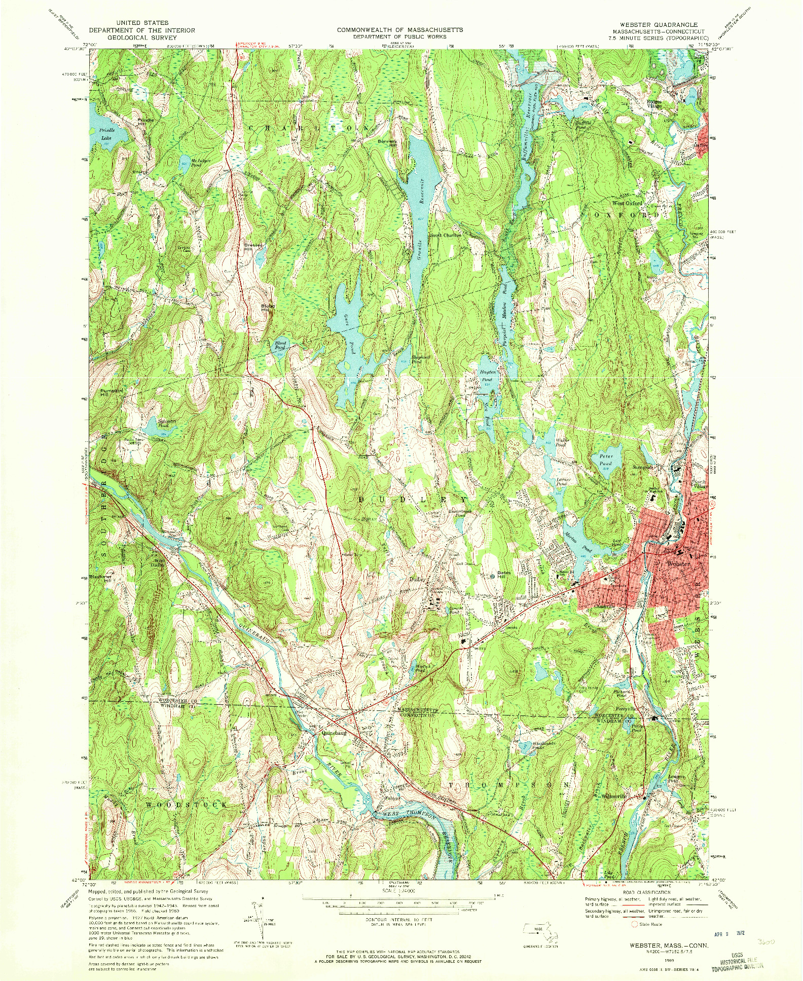 USGS 1:24000-SCALE QUADRANGLE FOR WEBSTER, MA 1969