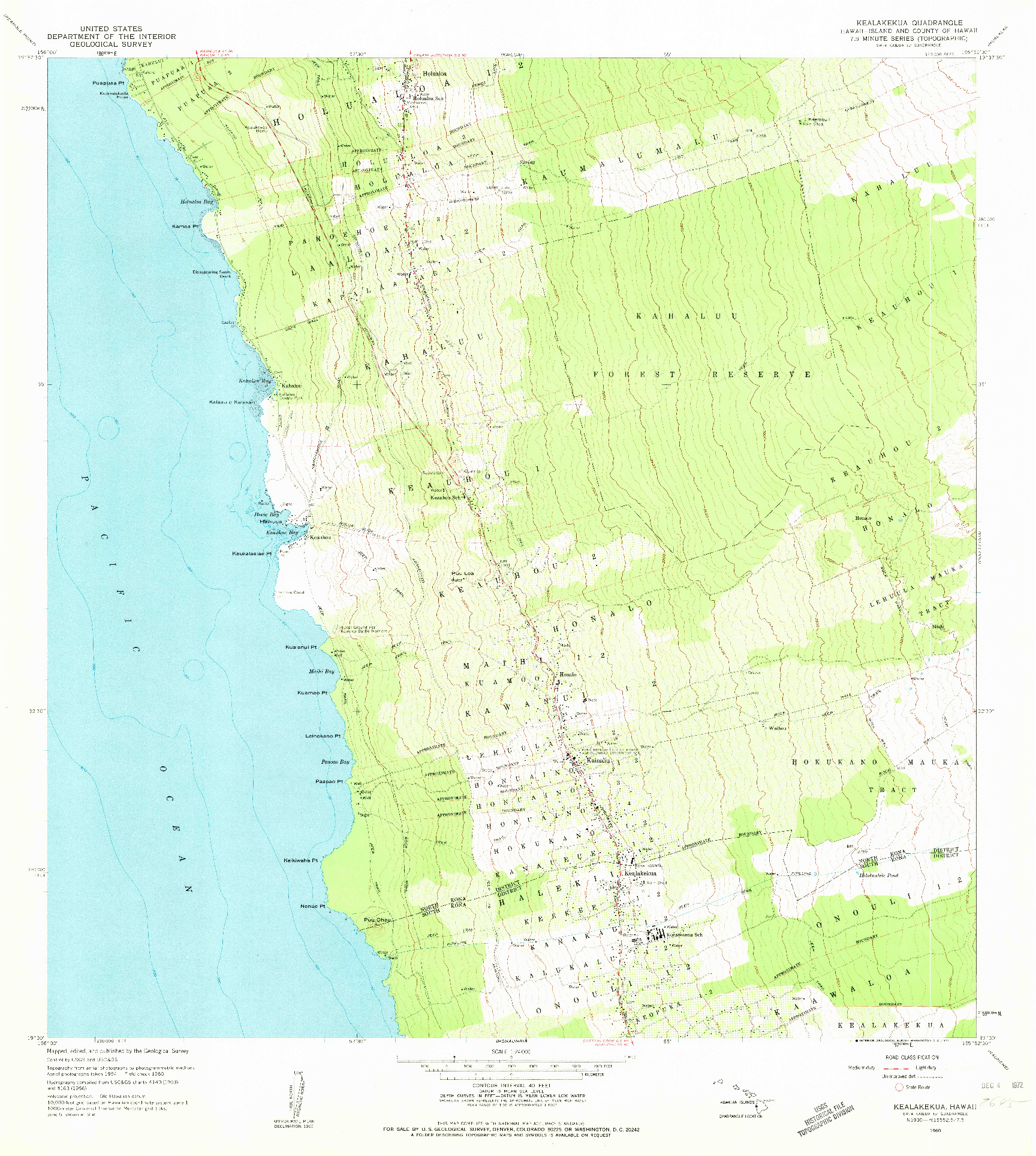 USGS 1:24000-SCALE QUADRANGLE FOR KEALAKEKUA, HI 1960