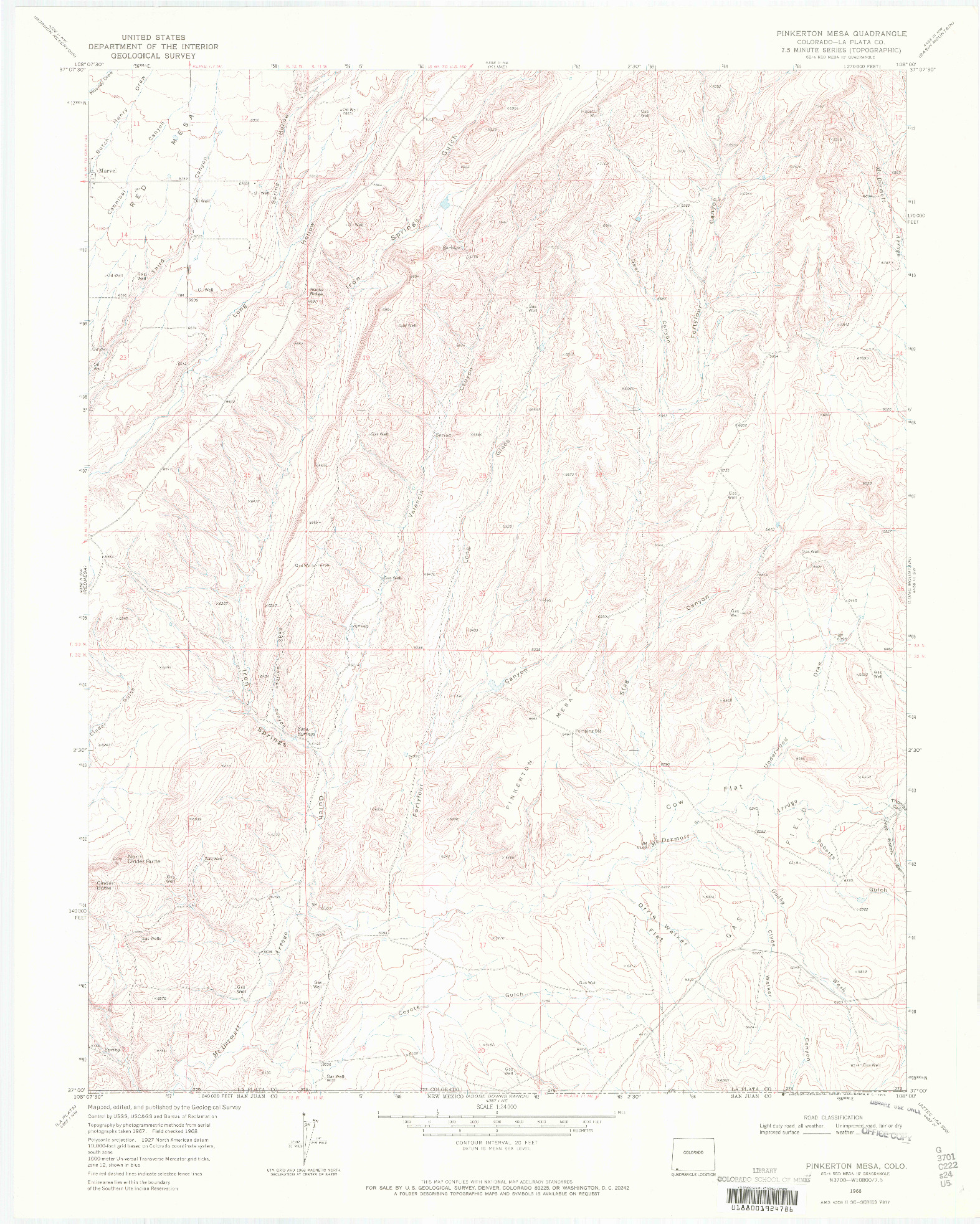 USGS 1:24000-SCALE QUADRANGLE FOR PINKERTON MESA, CO 1968