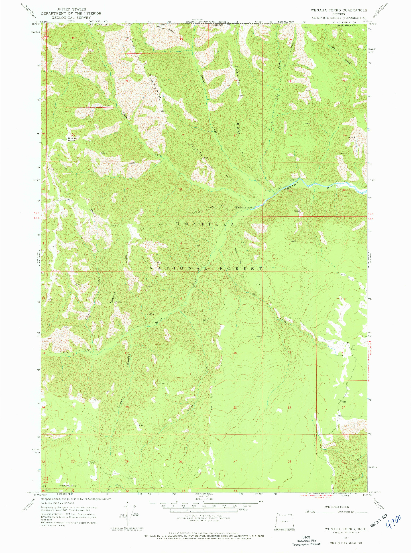 USGS 1:24000-SCALE QUADRANGLE FOR WENAHA FORKS, OR 1967