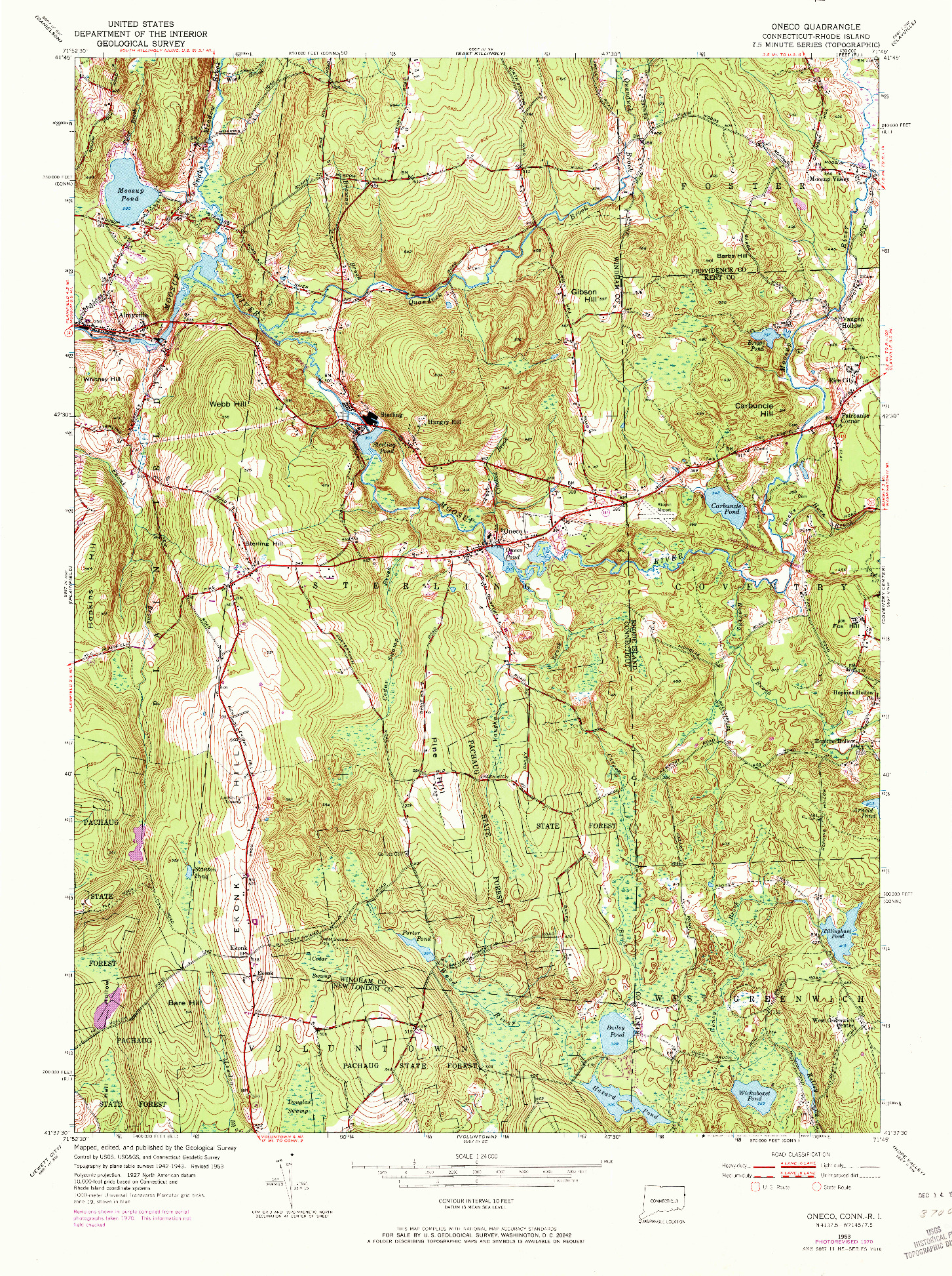 USGS 1:24000-SCALE QUADRANGLE FOR ONECO, CT 1953