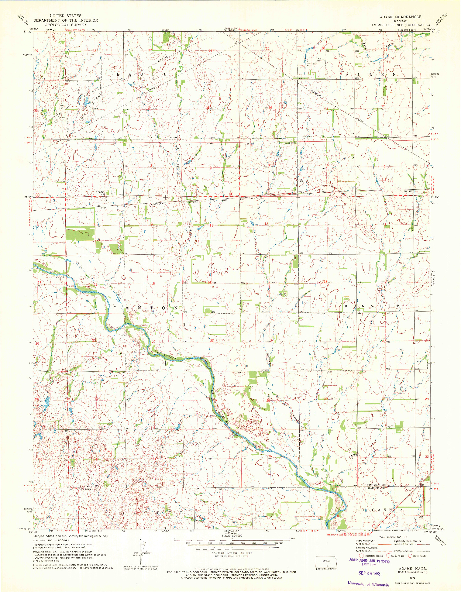 USGS 1:24000-SCALE QUADRANGLE FOR ADAMS, KS 1971