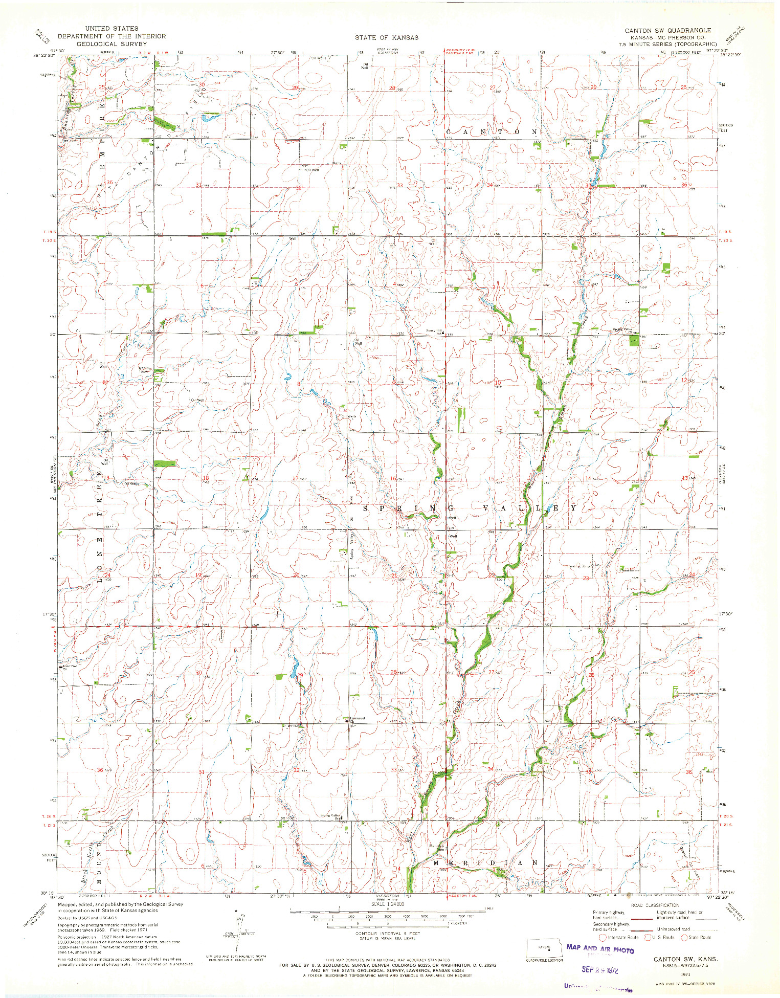 USGS 1:24000-SCALE QUADRANGLE FOR CANTON SW, KS 1971